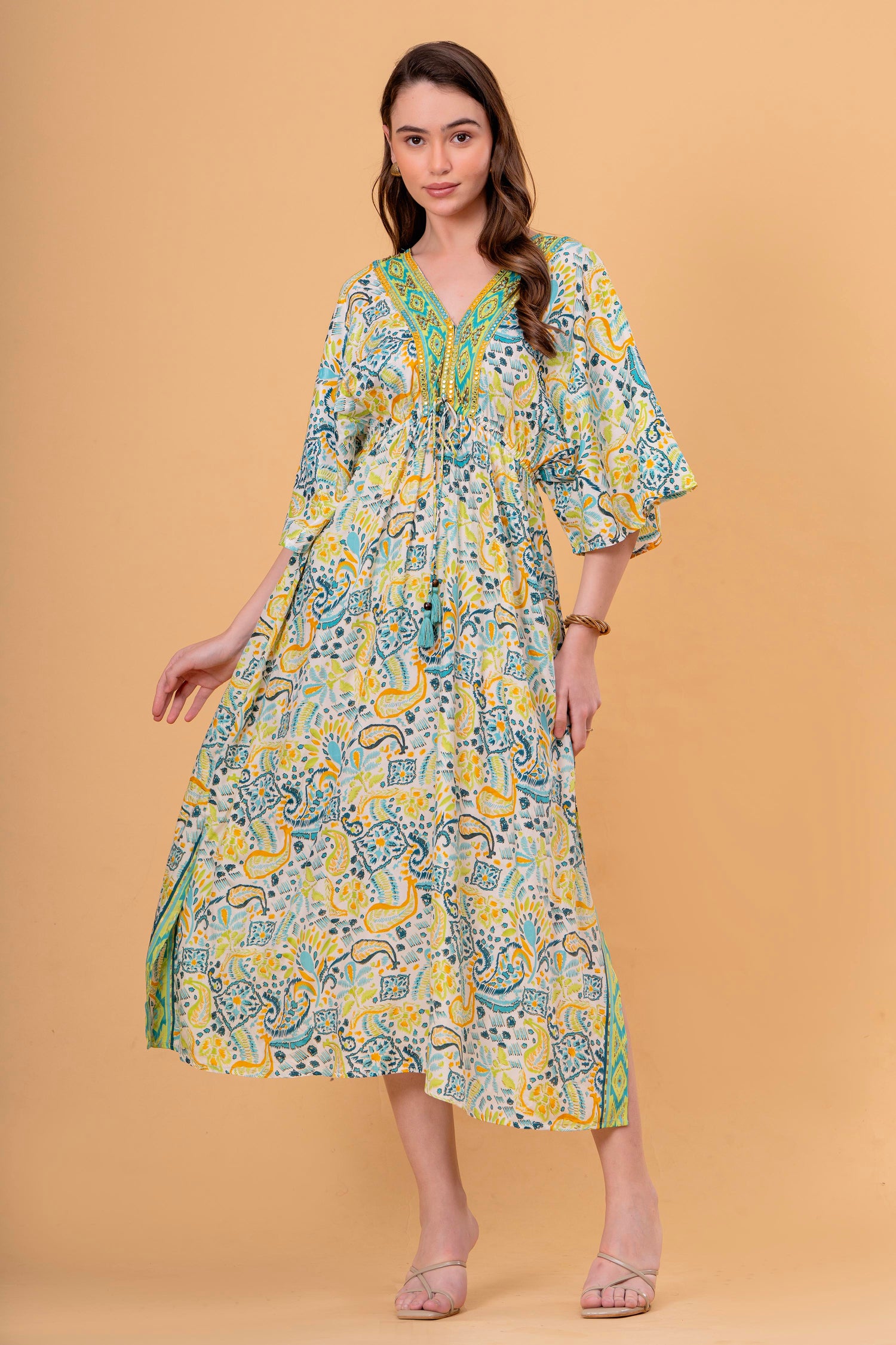 Vestido Túnica Estampado Cachemira con Cintura Fruncida