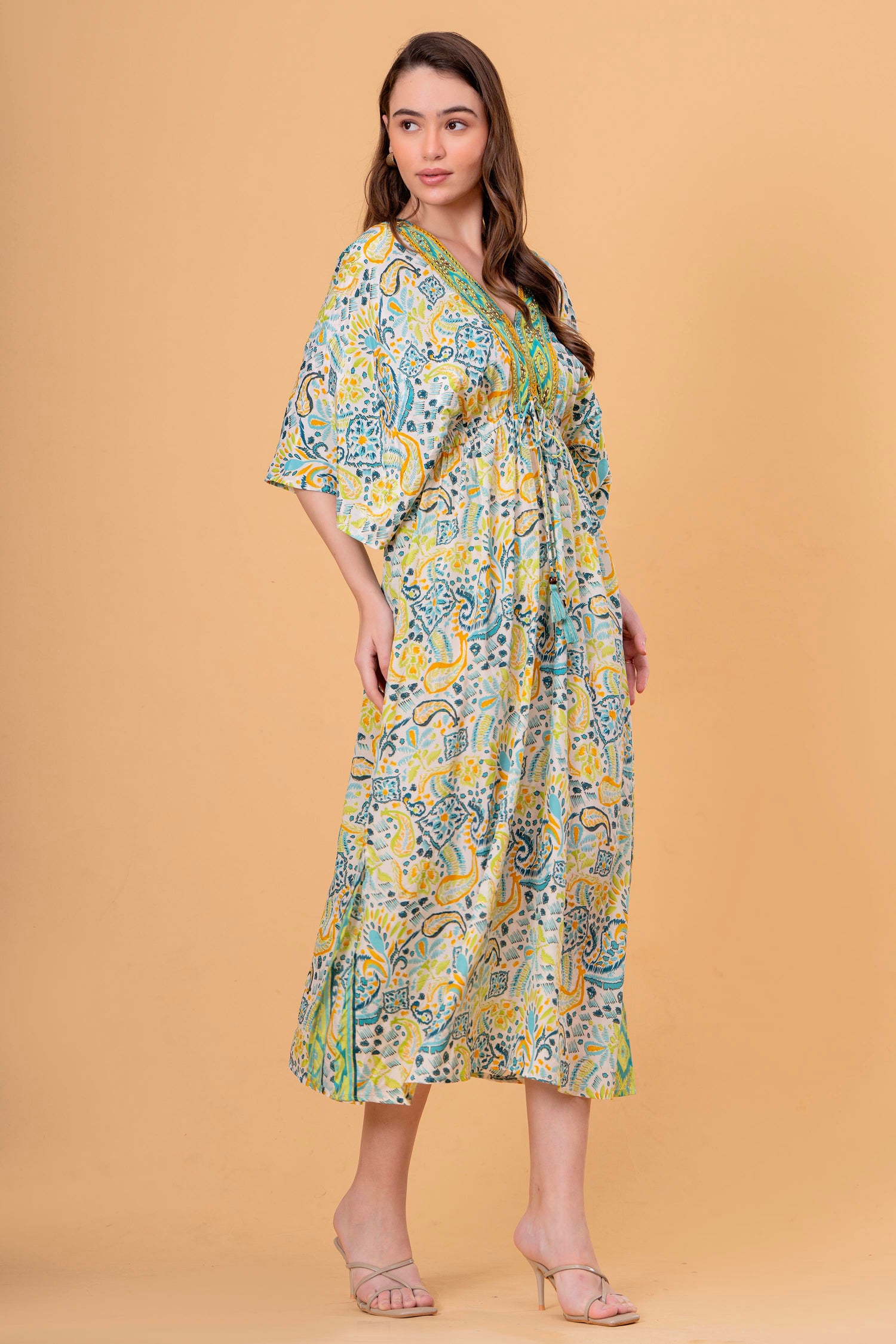 Vestido Túnica Estampado Cachemira con Cintura Fruncida