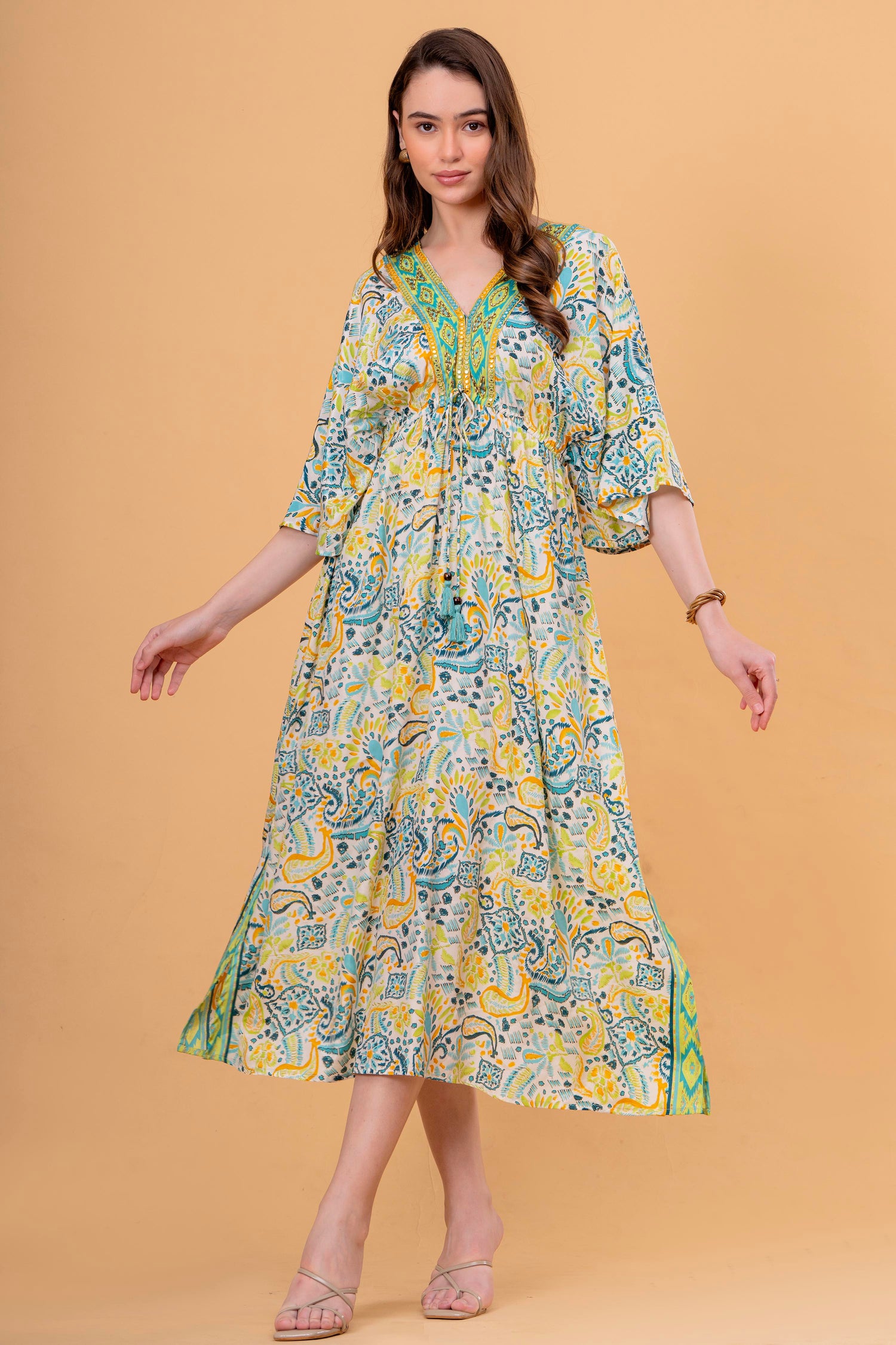 Vestido Túnica Estampado Cachemira con Cintura Fruncida