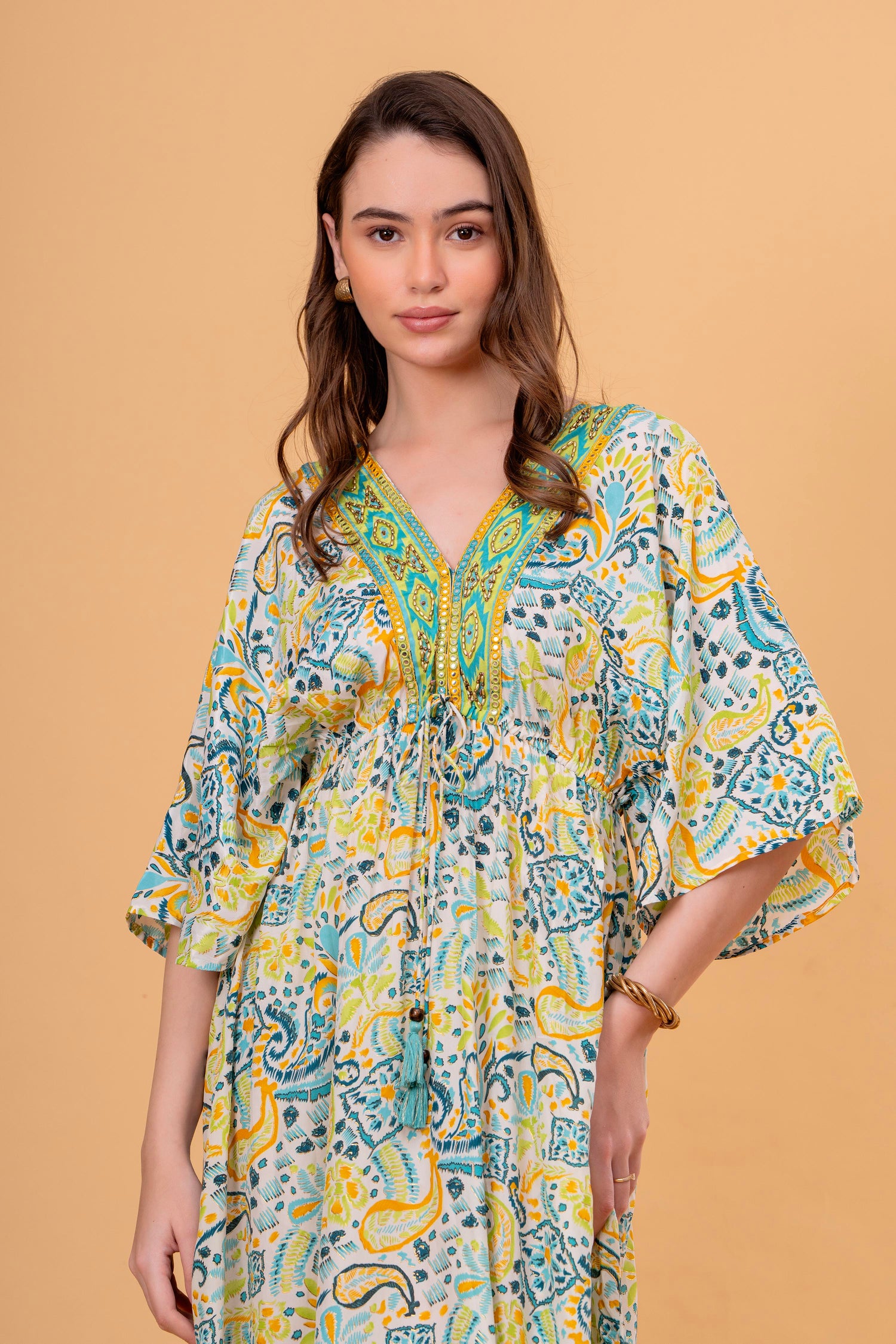 Vestido Túnica Estampado Cachemira con Cintura Fruncida