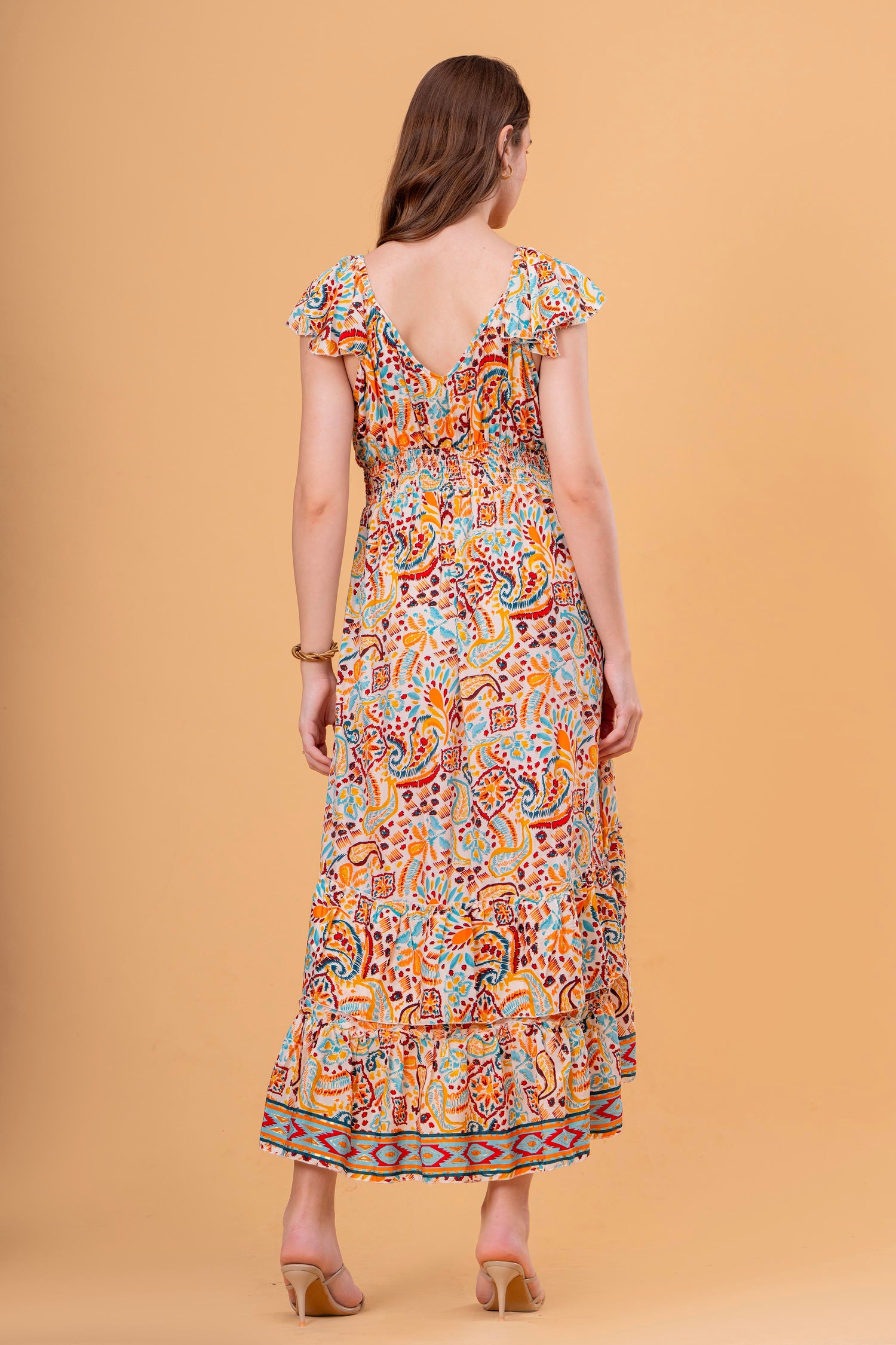 Vestido Midi con Volantes y Cintura Elástica Estampado Étnico