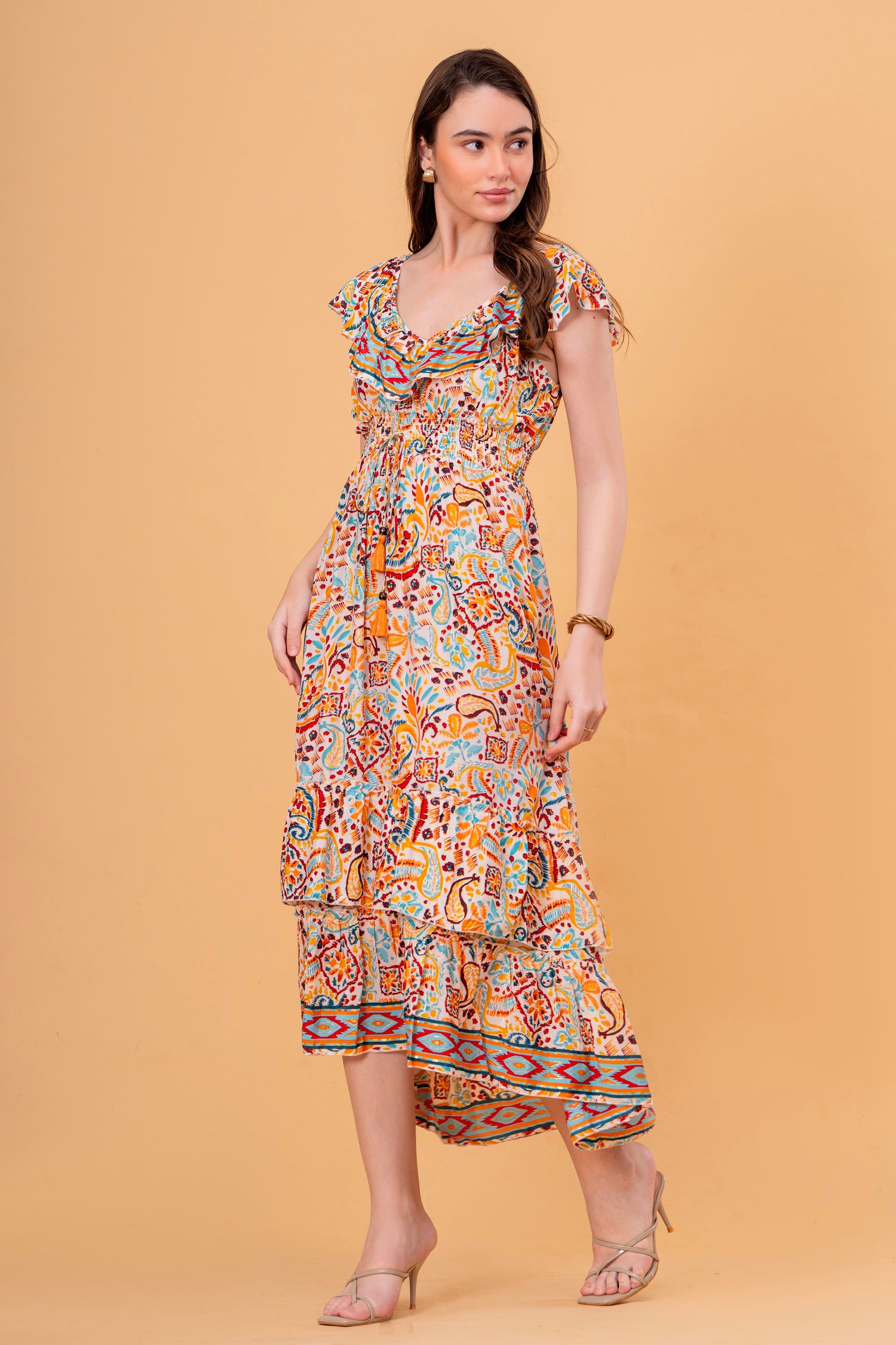 Vestido Midi con Volantes y Cintura Elástica Estampado Étnico