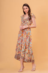 Vestido Midi con Volantes y Cintura Elástica Estampado Étnico