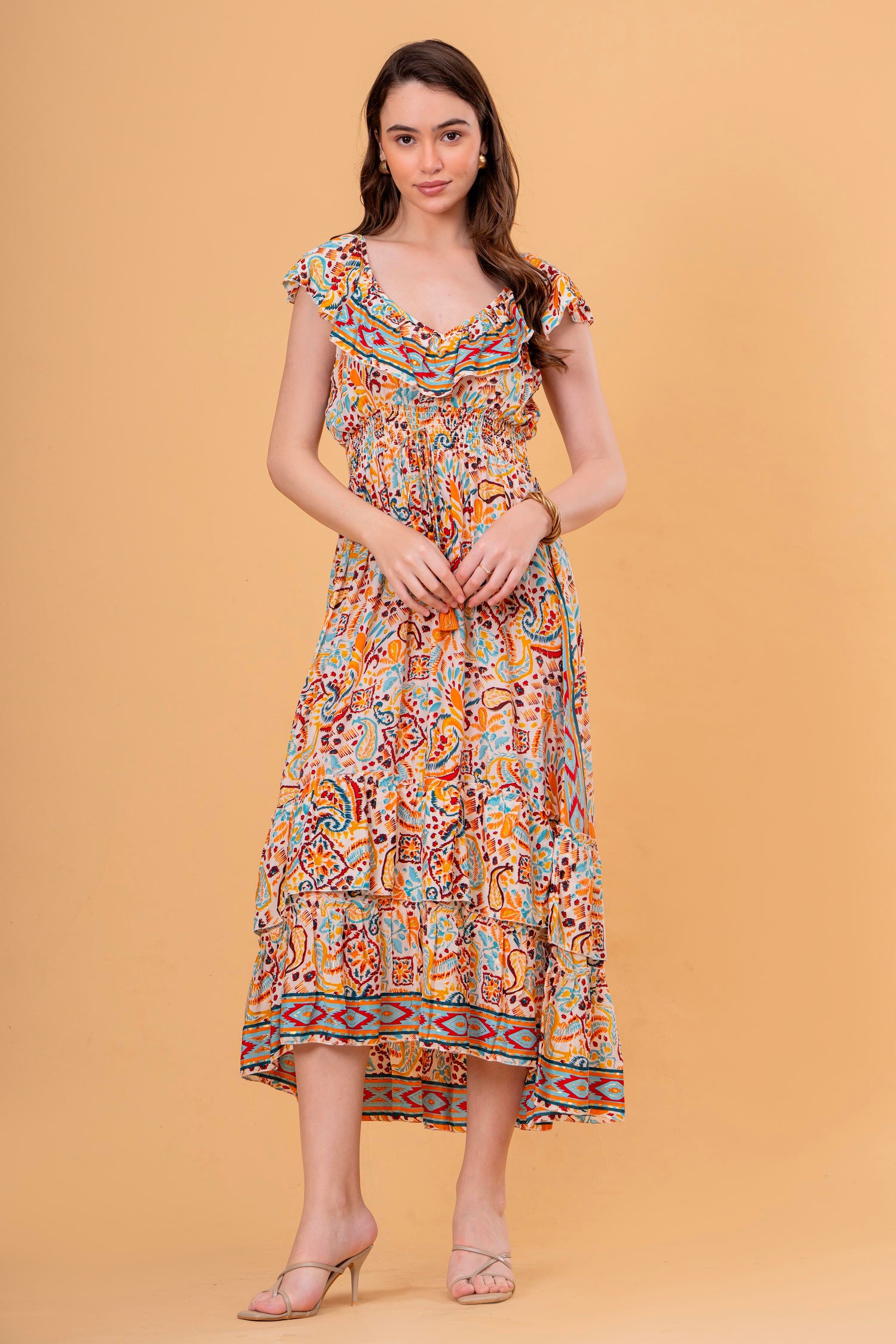 Vestido Midi con Volantes y Cintura Elástica Estampado Étnico