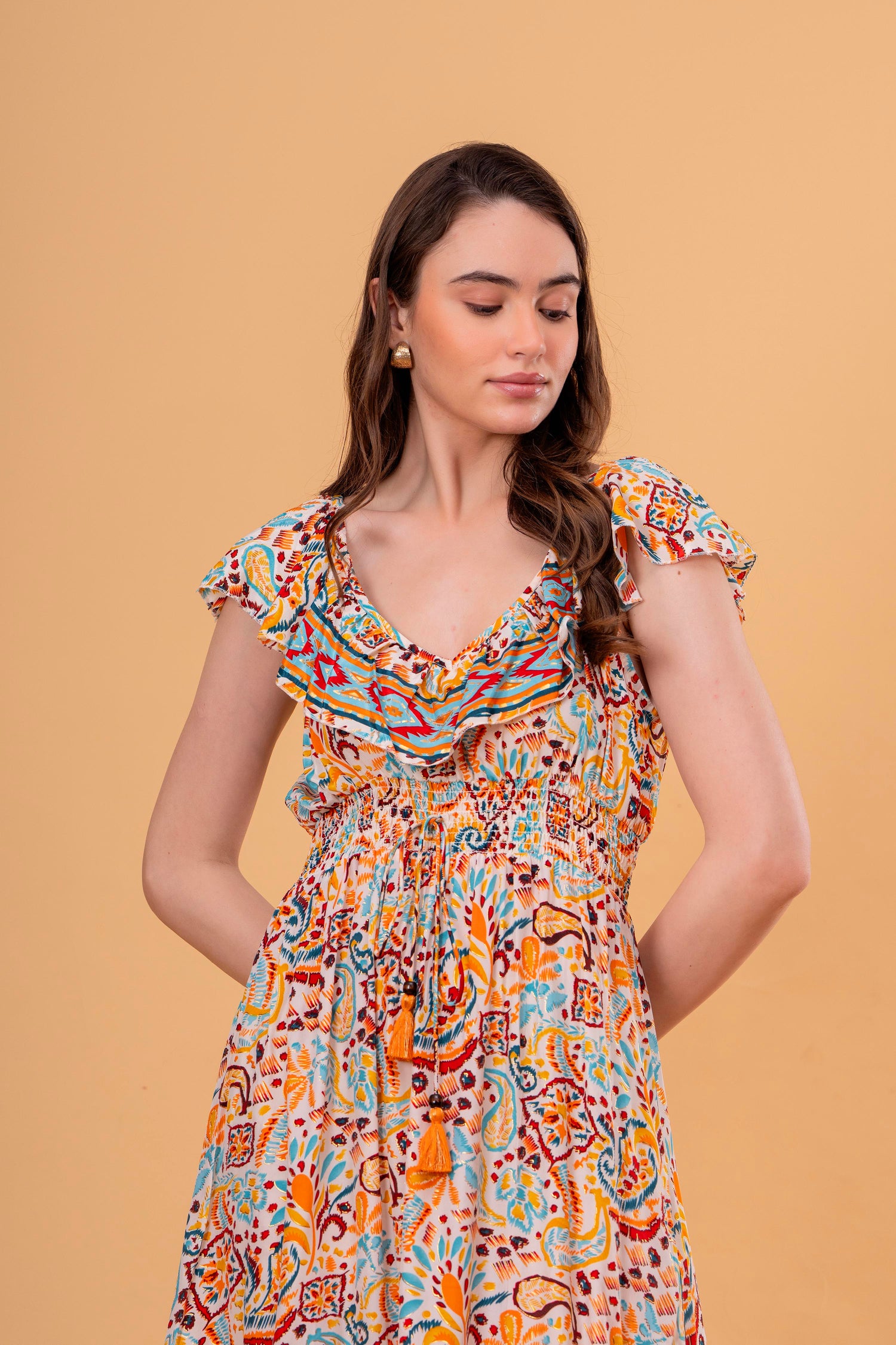 Vestido Midi con Volantes y Cintura Elástica Estampado Étnico