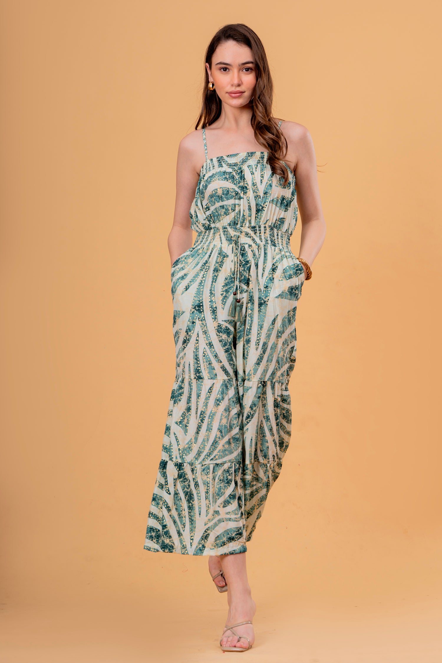 Enterizo Largo Fruncido con Estampado Botánico y Pernera Ancha