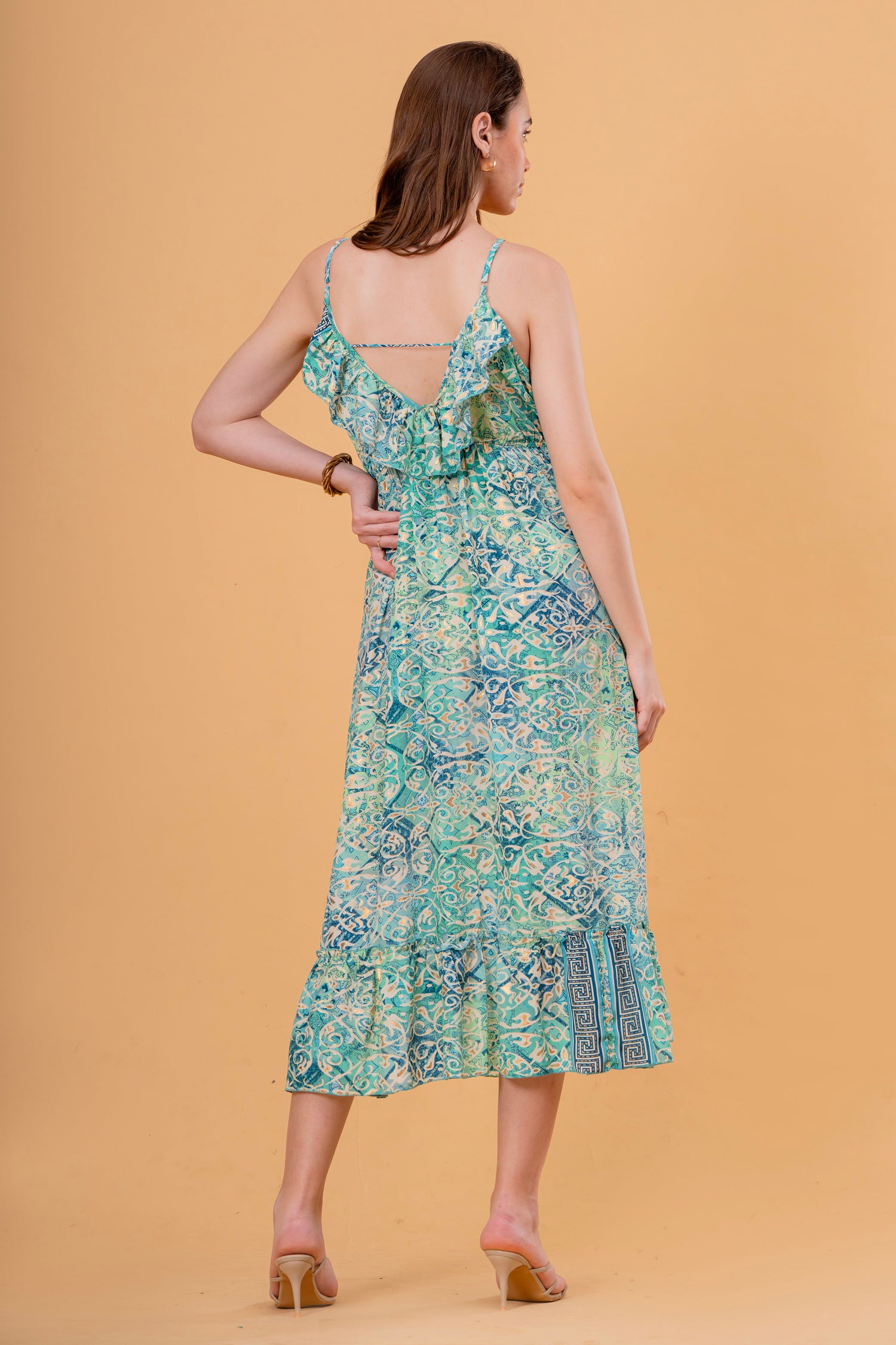 Vestido Midi de Tirantes Fruncido Estampado Azulejo