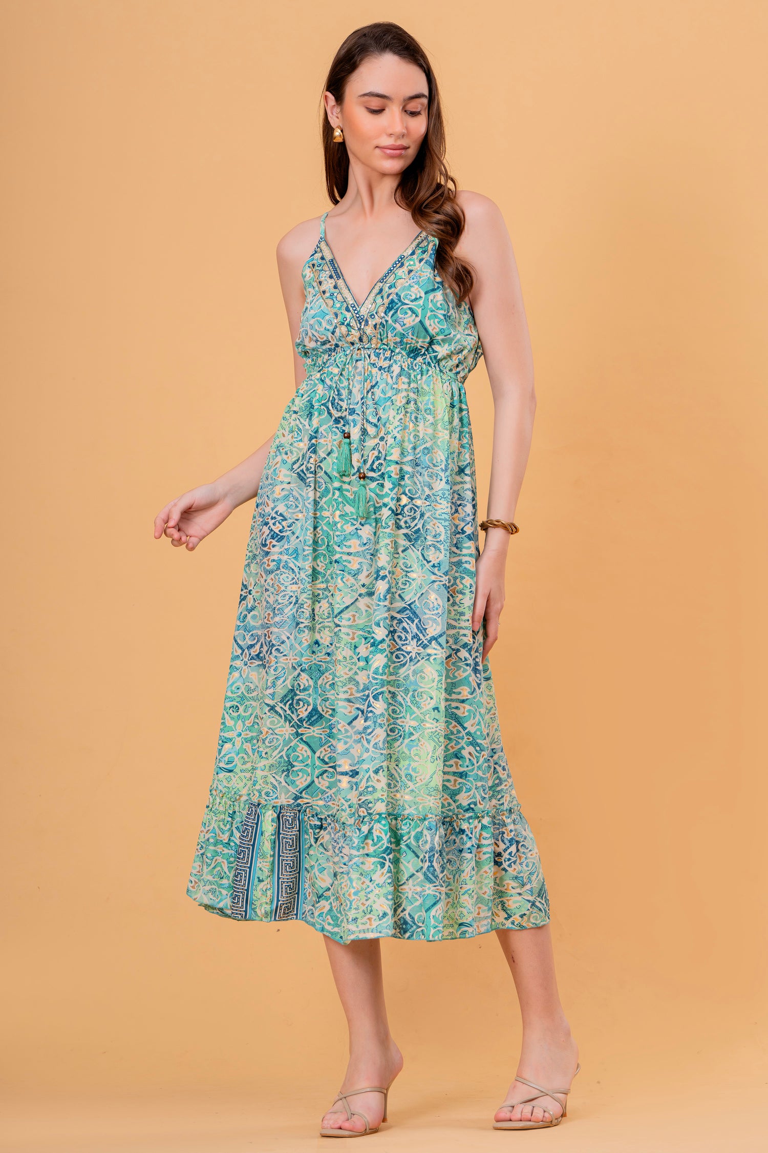 Vestido Midi de Tirantes Fruncido Estampado Azulejo