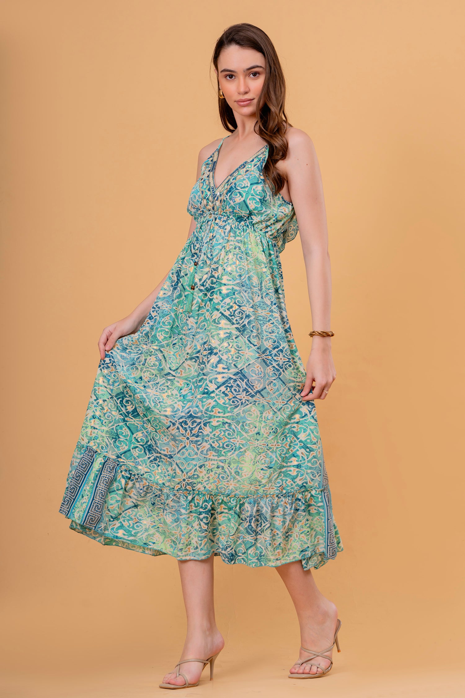 Vestido Midi de Tirantes Fruncido Estampado Azulejo