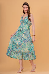 Vestido Midi de Tirantes Fruncido Estampado Azulejo