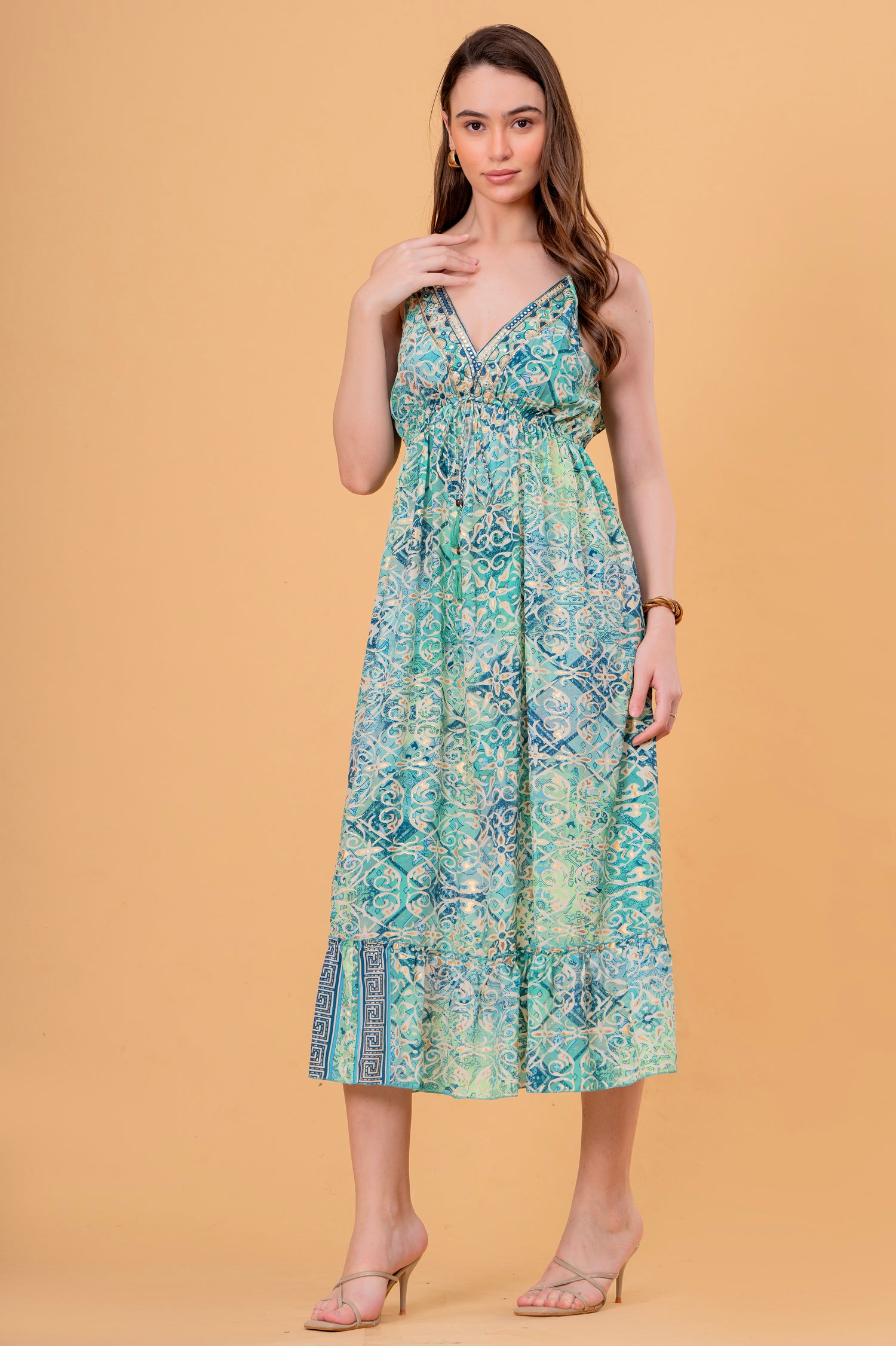 Vestido Midi de Tirantes Fruncido Estampado Azulejo