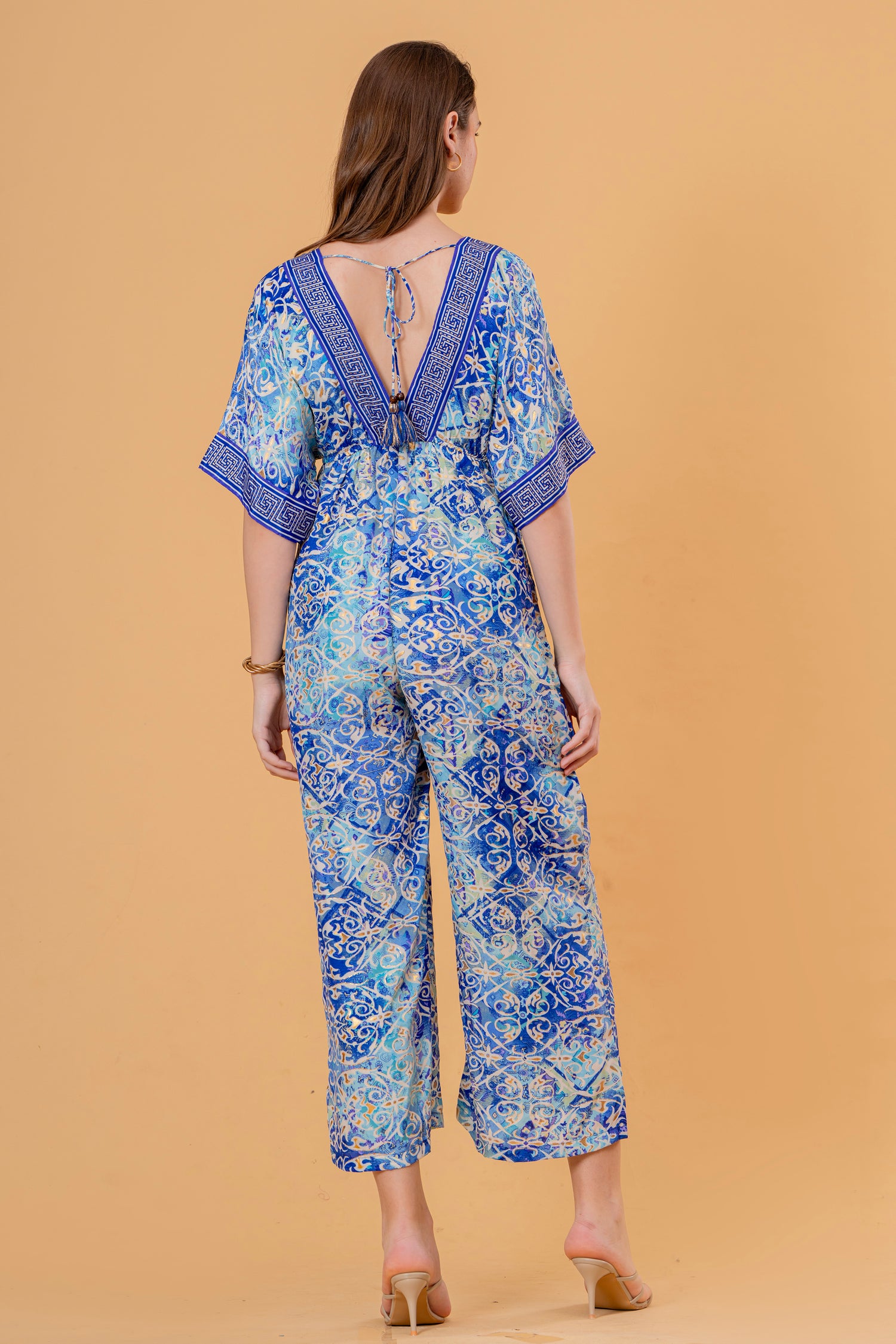 Mono Jumpsuit Manga Kimono Estampado Azulejo Azul