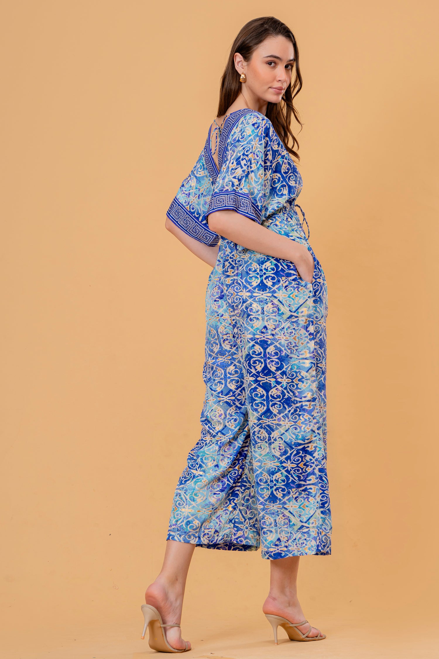 Mono Jumpsuit Manga Kimono Estampado Azulejo Azul