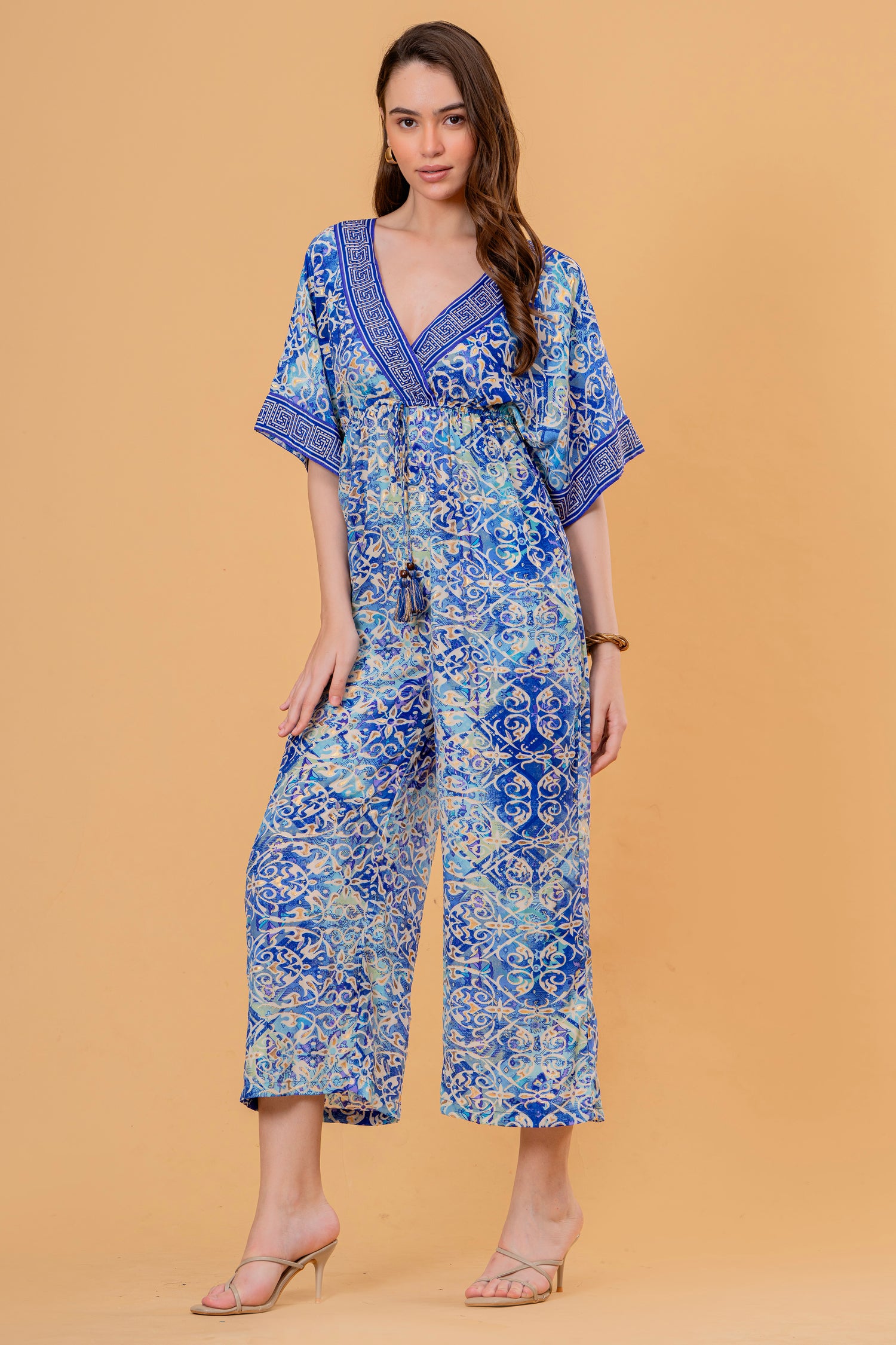 Mono Jumpsuit Manga Kimono Estampado Azulejo Azul