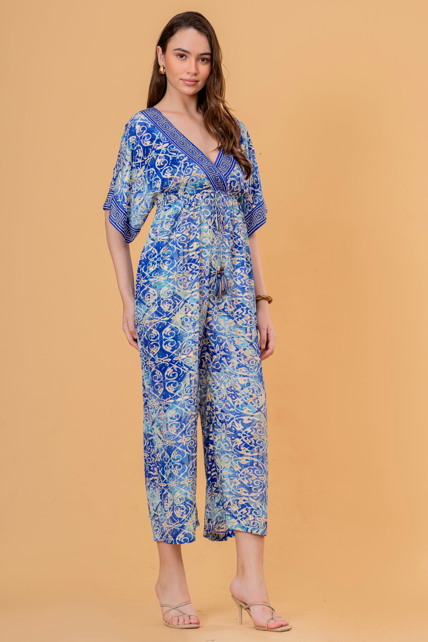 Mono Jumpsuit Manga Kimono Estampado Azulejo Azul