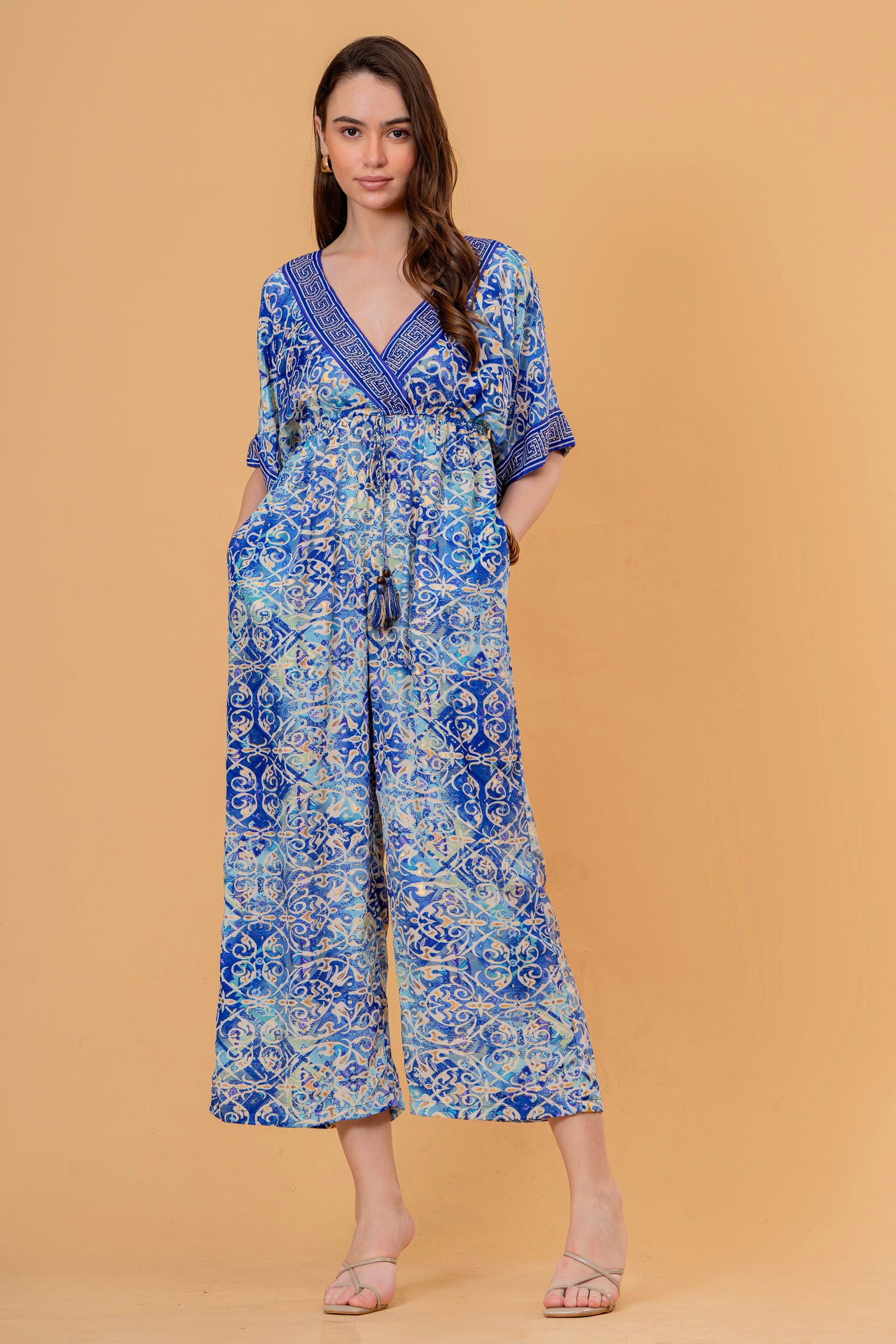 Mono Jumpsuit Manga Kimono Estampado Azulejo Azul