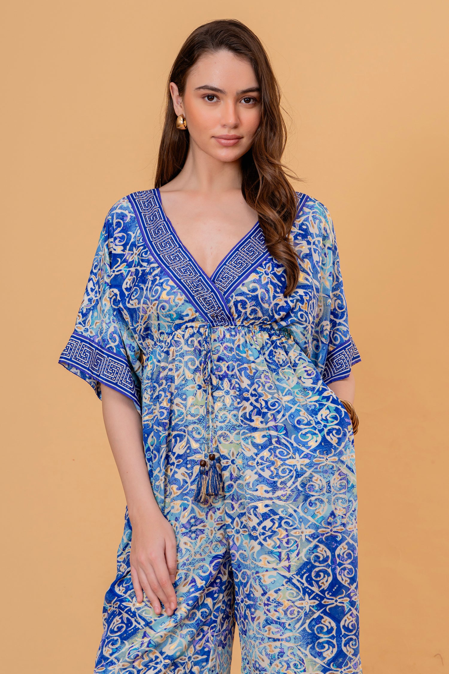 Mono Jumpsuit Manga Kimono Estampado Azulejo Azul