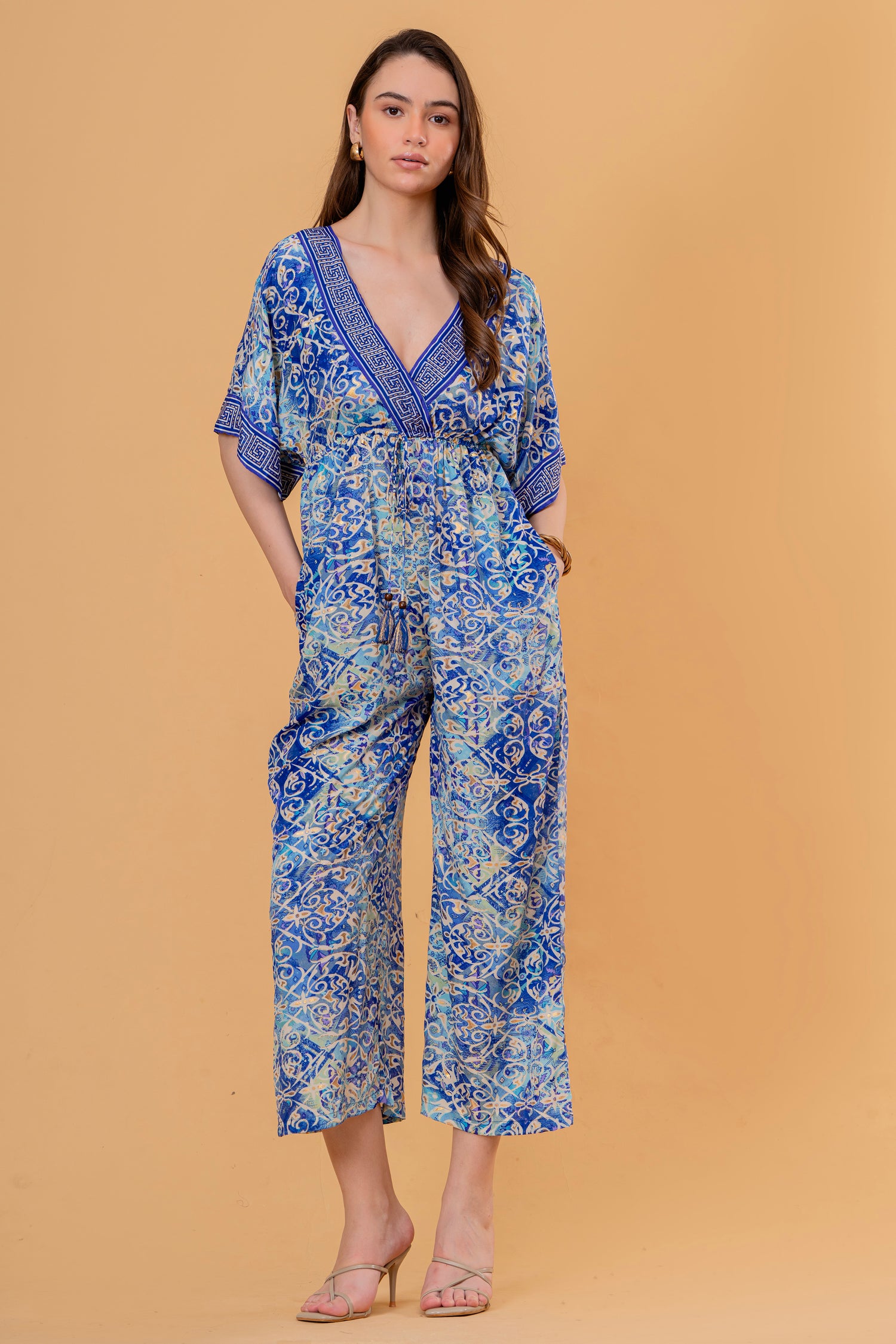 Mono Jumpsuit Manga Kimono Estampado Azulejo Azul