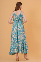 Vestido Midi Manga 3/4 Estampado Étnico Naranja y Azul