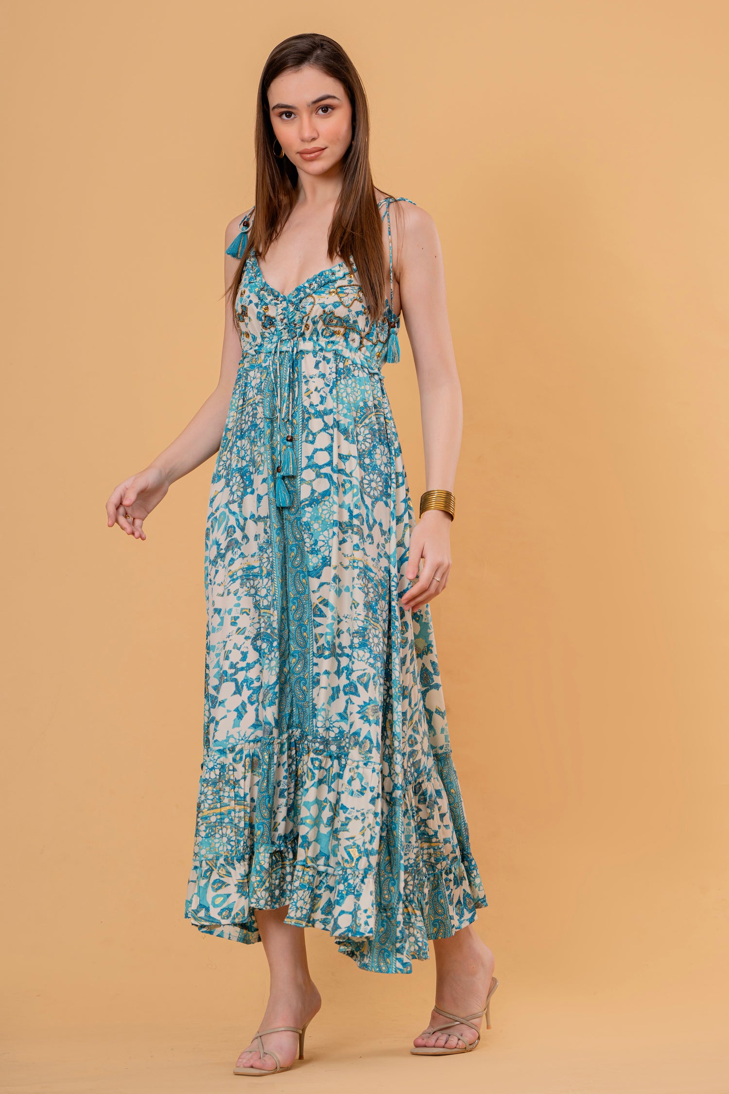 Vestido Midi Manga 3/4 Estampado Étnico Naranja y Azul