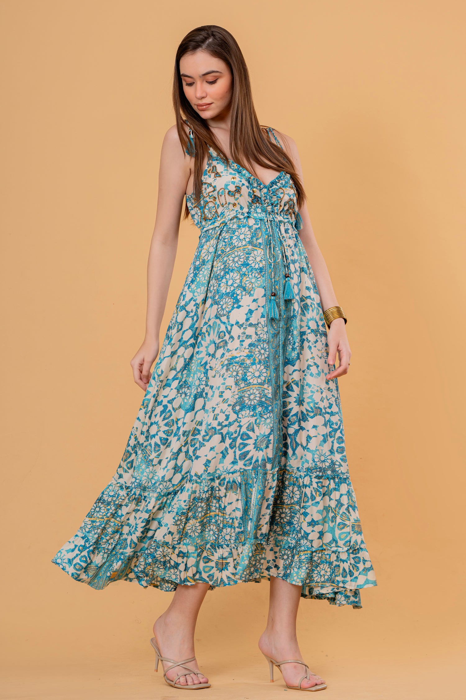 Vestido Midi Manga 3/4 Estampado Étnico Naranja y Azul