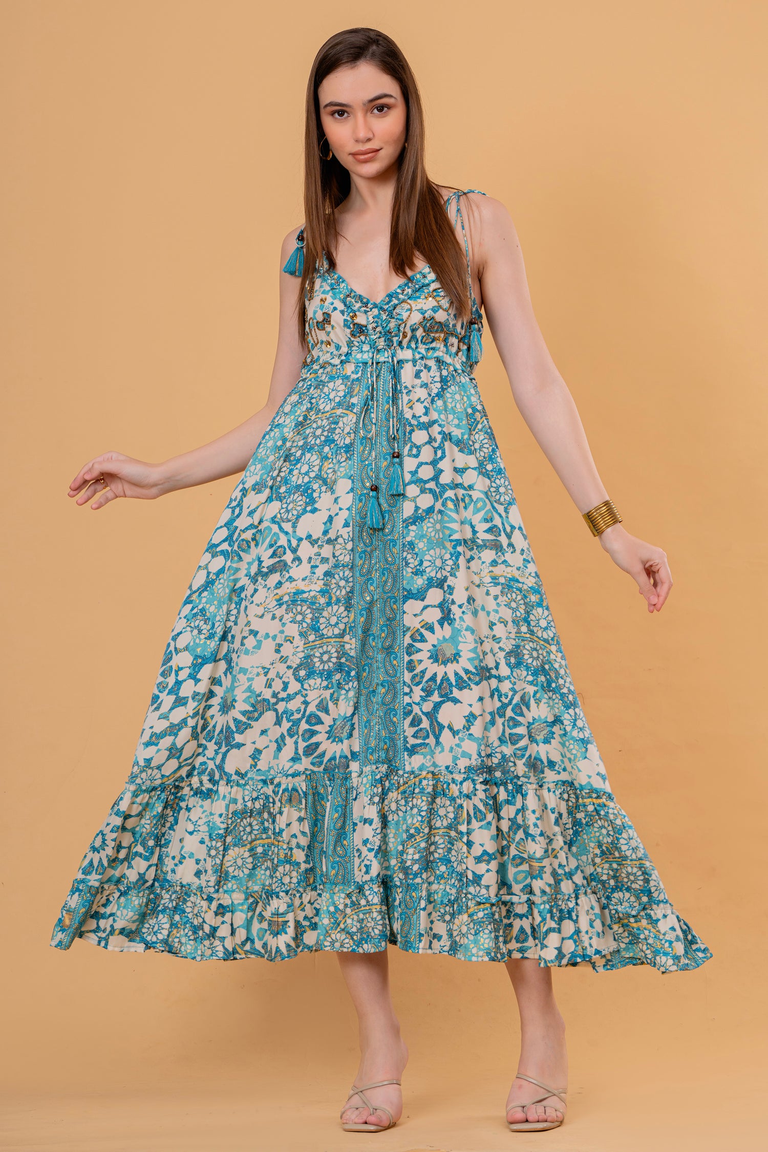 Vestido Midi Manga 3/4 Estampado Étnico Naranja y Azul