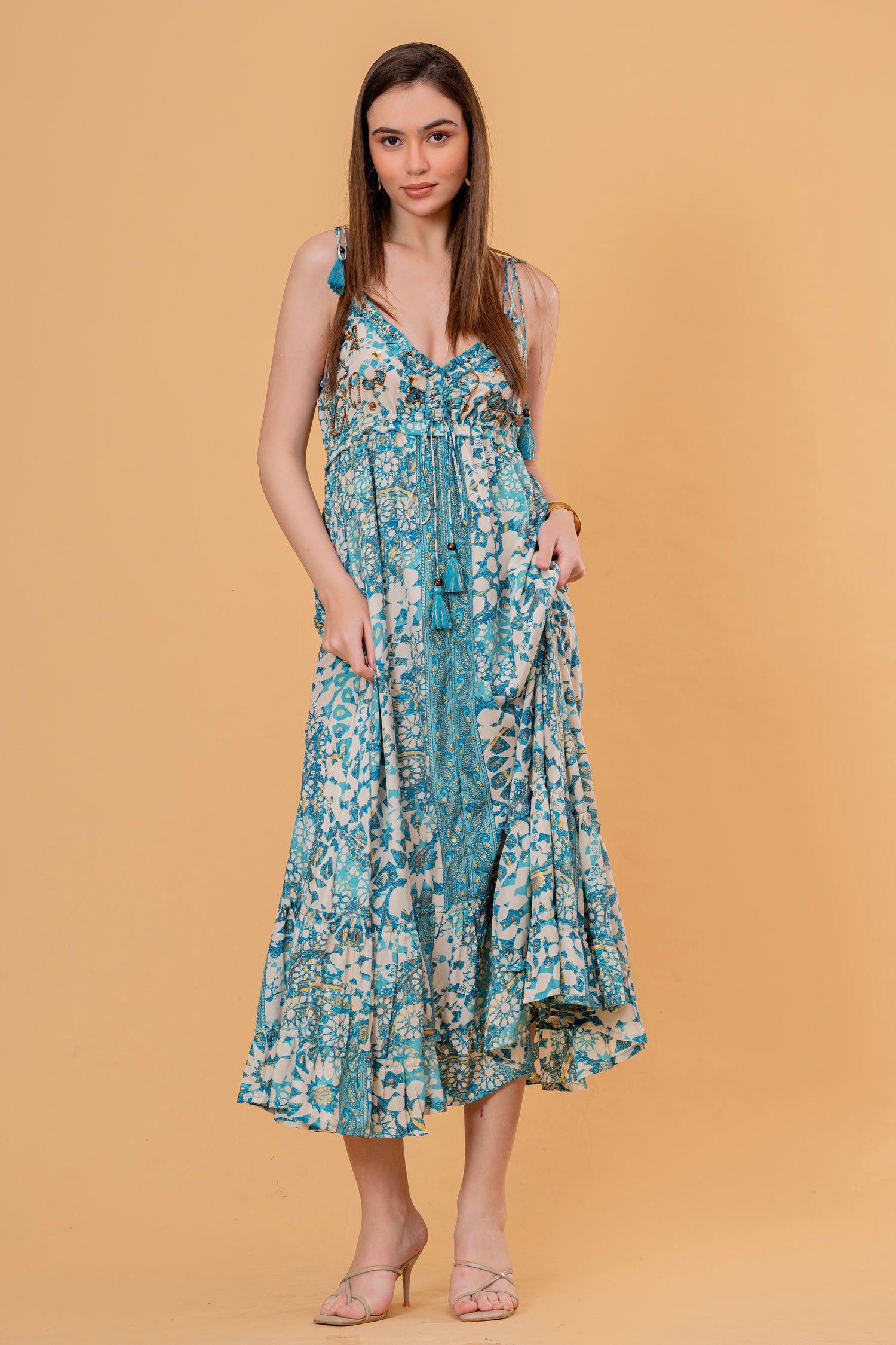 Vestido Midi Manga 3/4 Estampado Étnico Naranja y Azul