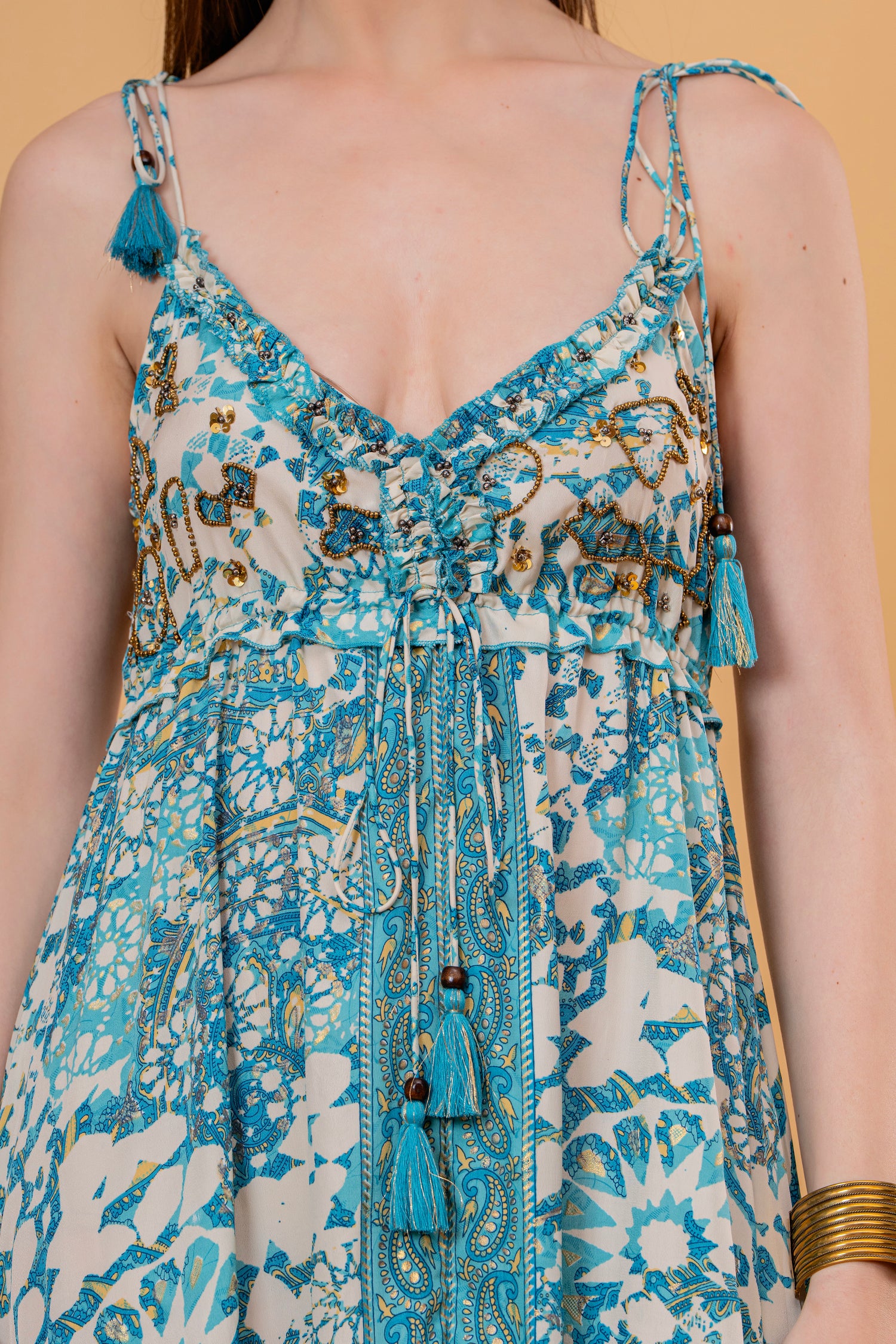 Vestido Midi Manga 3/4 Estampado Étnico Naranja y Azul