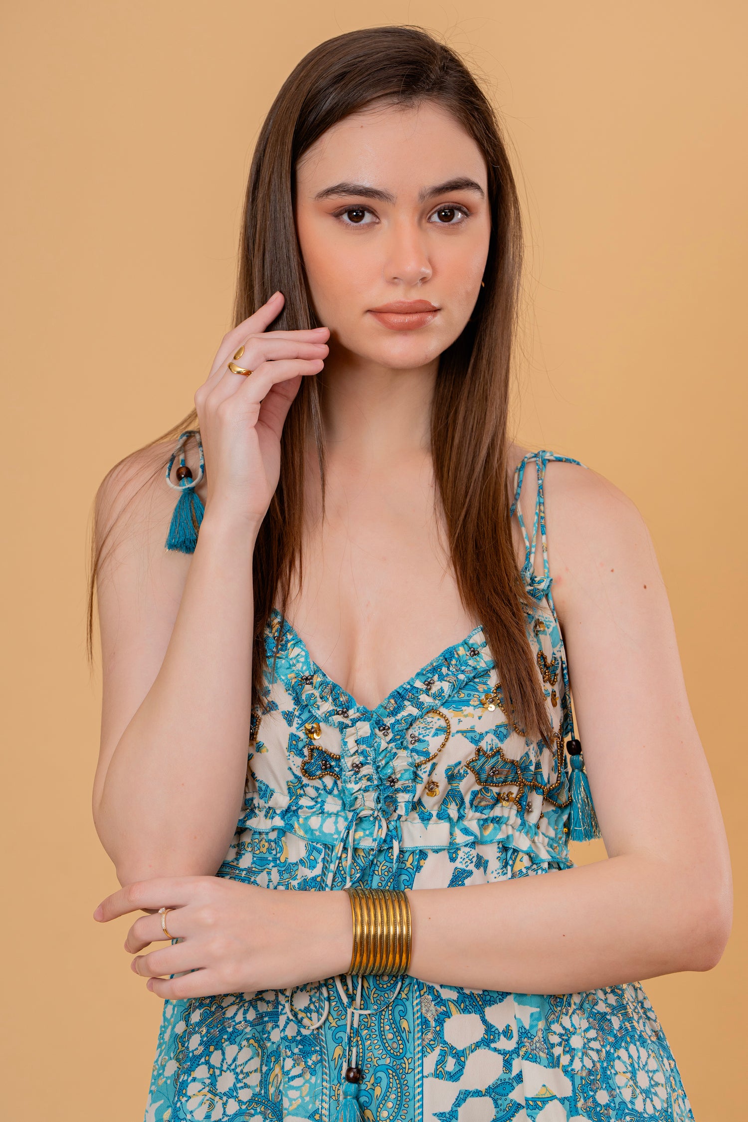 Vestido Midi Manga 3/4 Estampado Étnico Naranja y Azul