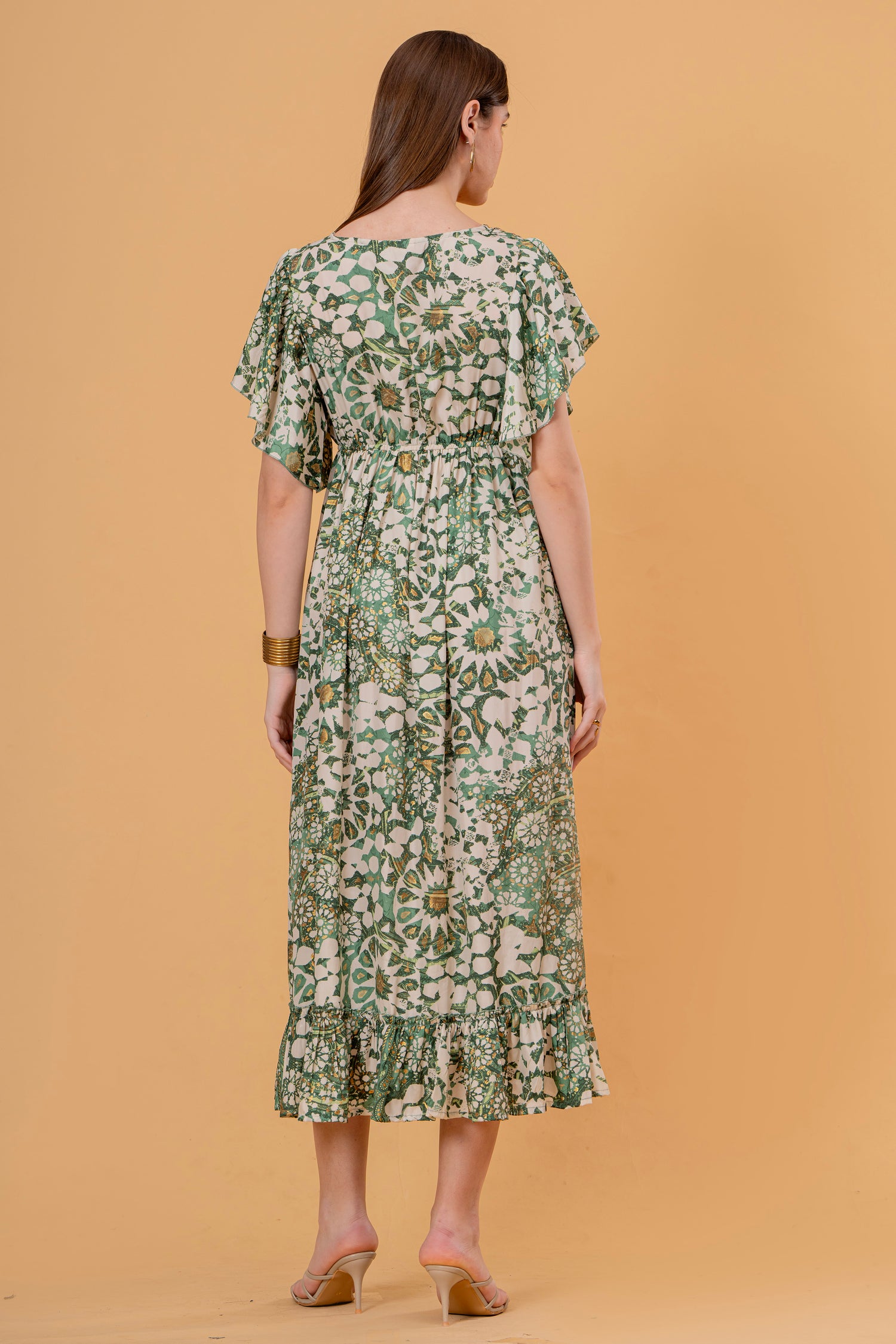 Vestido Midi con Volantes Estampado Floral Verde