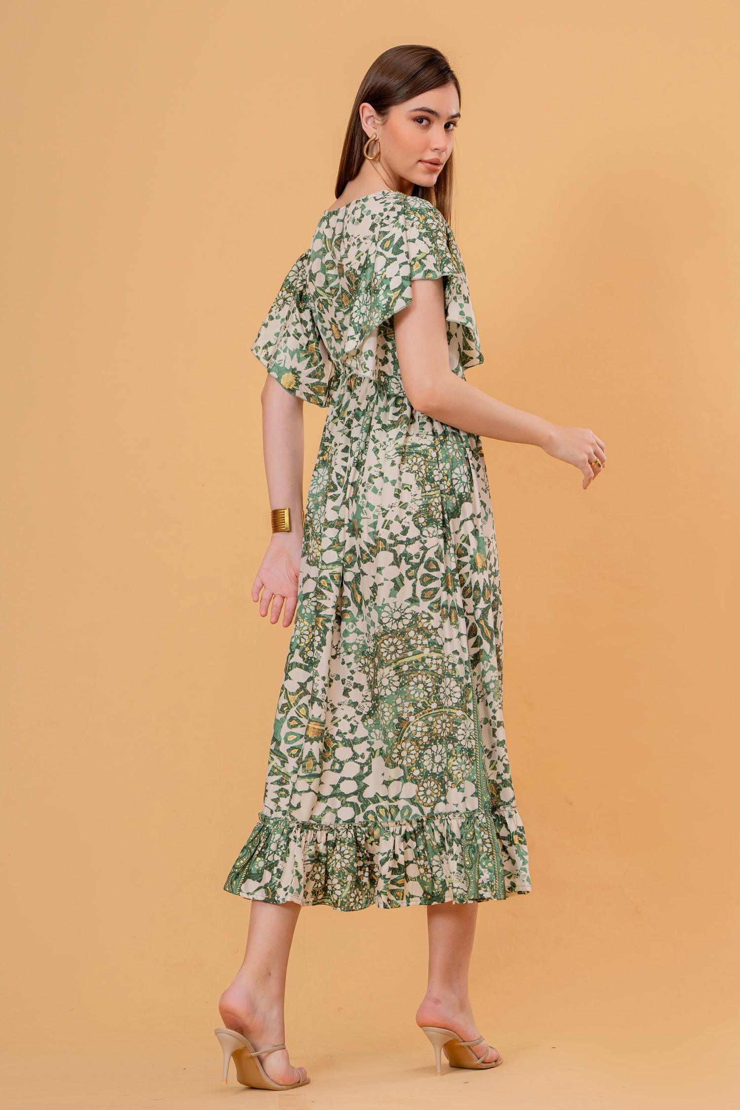 Vestido Midi con Volantes Estampado Floral Verde