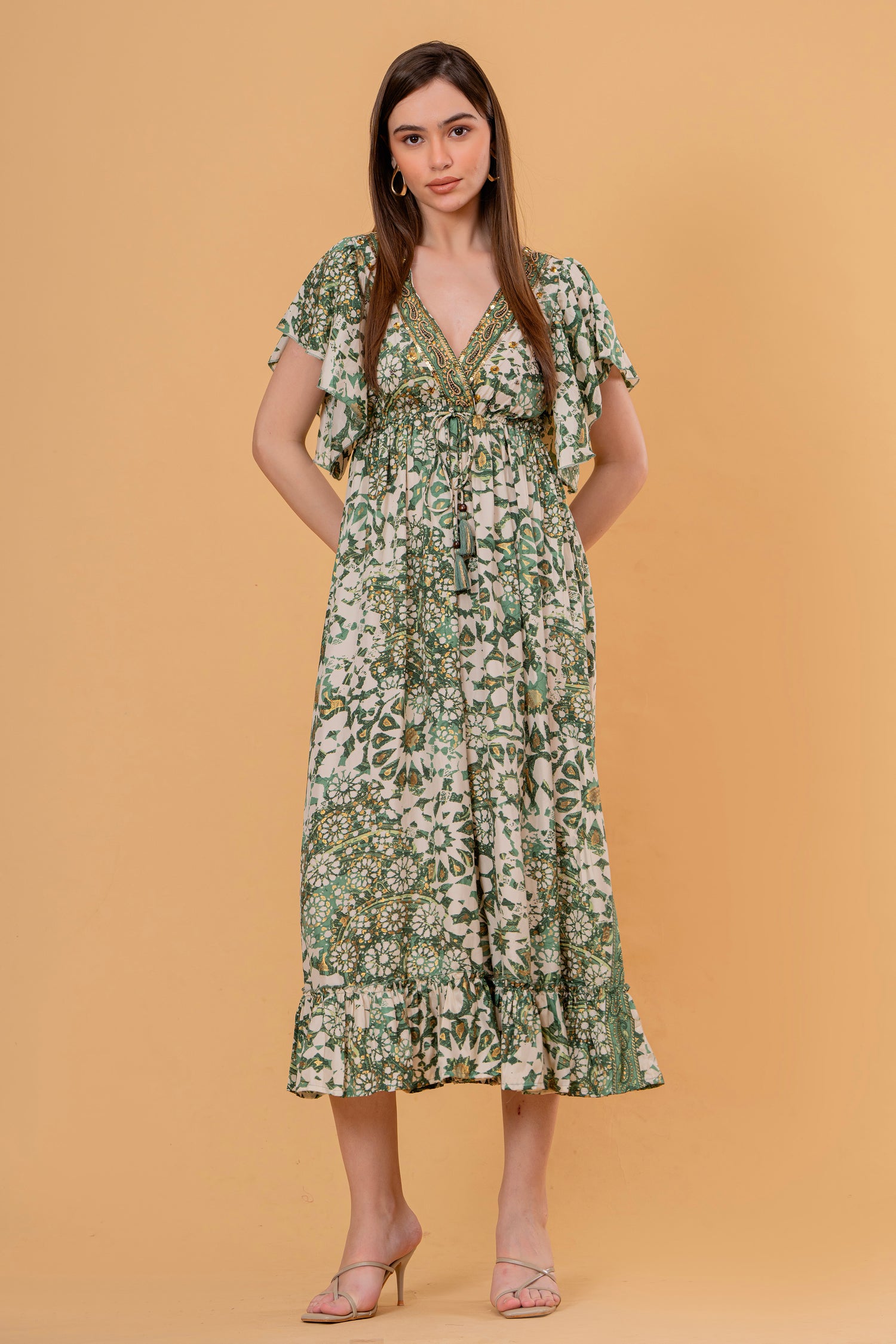 Vestido Midi con Volantes Estampado Floral Verde