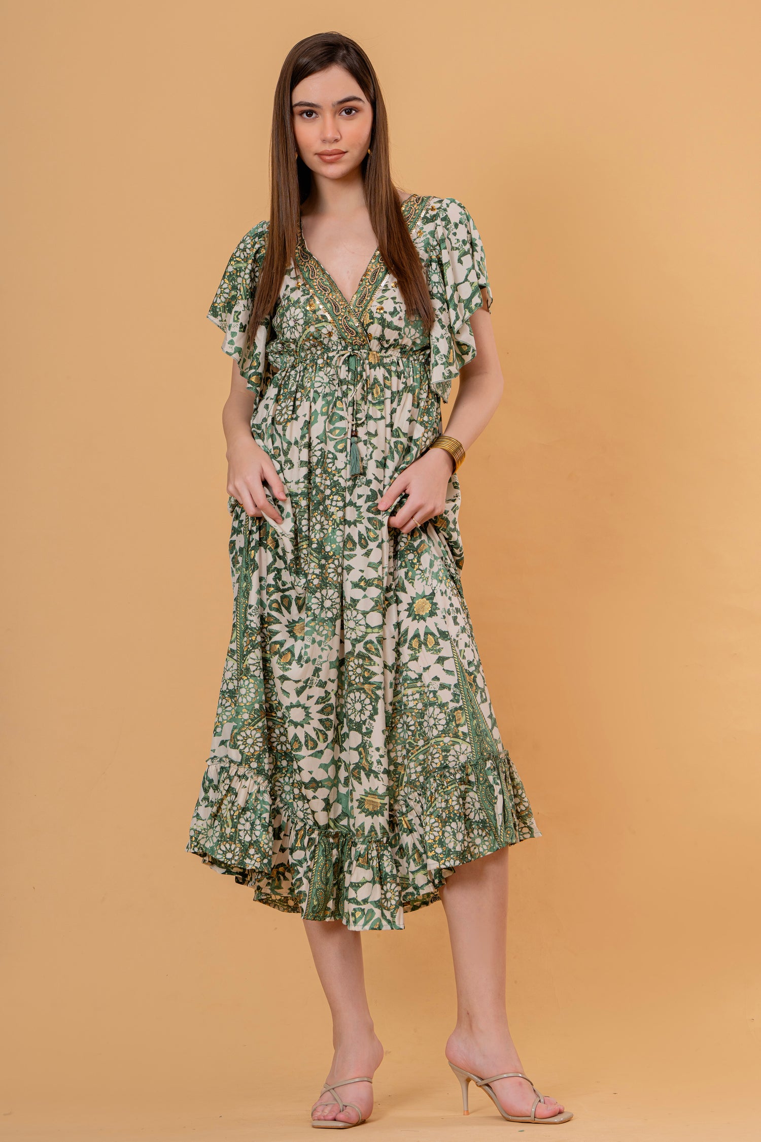 Vestido Midi con Volantes Estampado Floral Verde