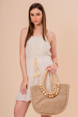 Minivestido Strapless Fruncido Crudo con Bordado Dorado y Volantes