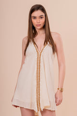 Minivestido Tirantes Crudo Bordado Cobre Escote V