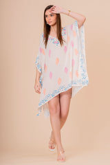 Vestido Maxi Strapless Fruncido Estampado Hoja Palma Azul