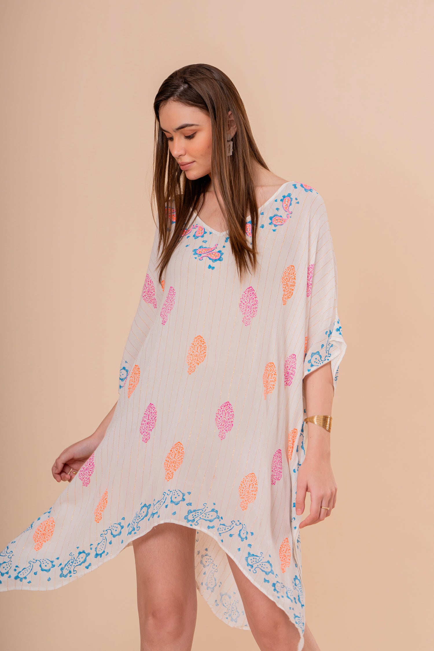 Vestido Maxi Strapless Fruncido Estampado Hoja Palma Azul