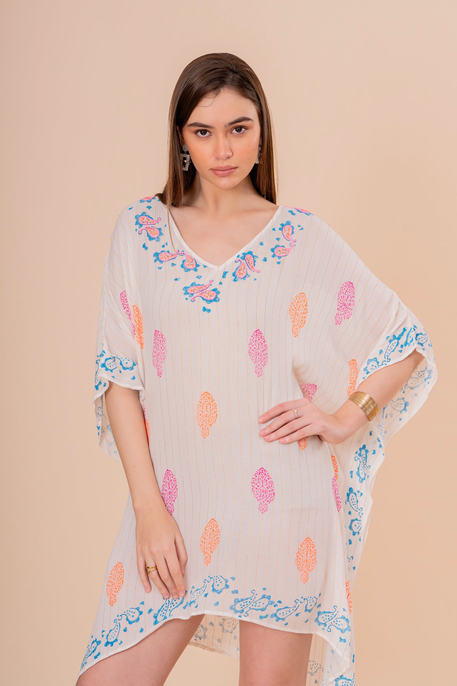 Vestido Maxi Strapless Fruncido Estampado Hoja Palma Azul