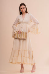 Vestido Maxi Crudo con Bordado y Manga Campana