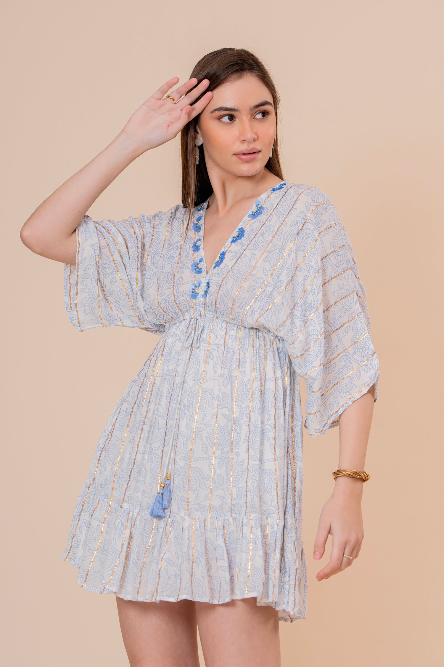 Minivestido Túnica Liso Fucsia con Bordado y Lazo