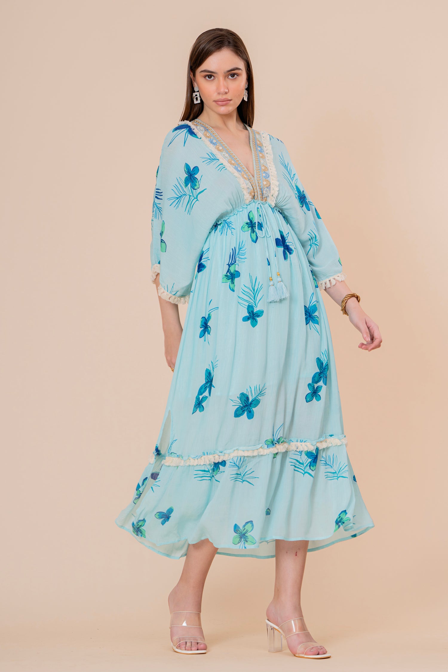 Vestido Maxi Corte Imperio Estampado Floral Azul