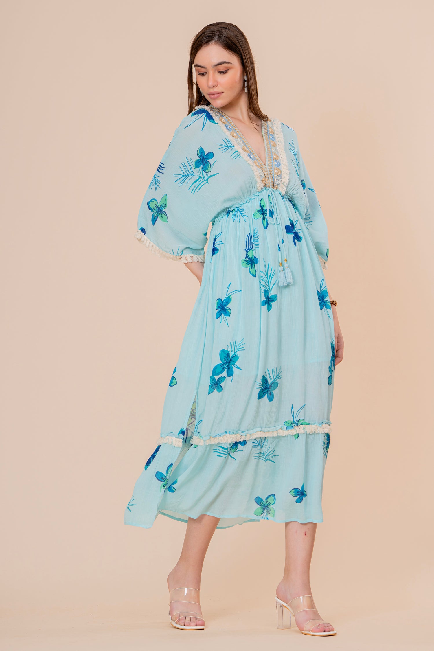 Vestido Maxi Corte Imperio Estampado Floral Azul