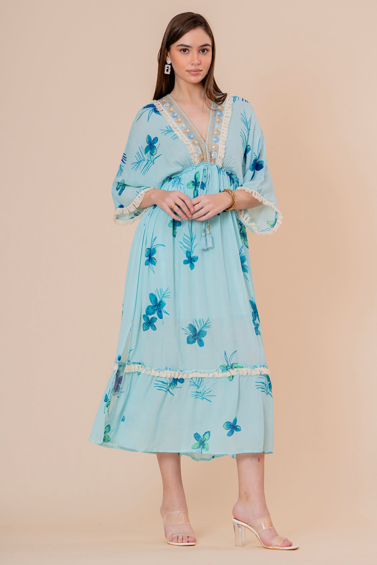 Vestido Maxi Corte Imperio Estampado Floral Azul