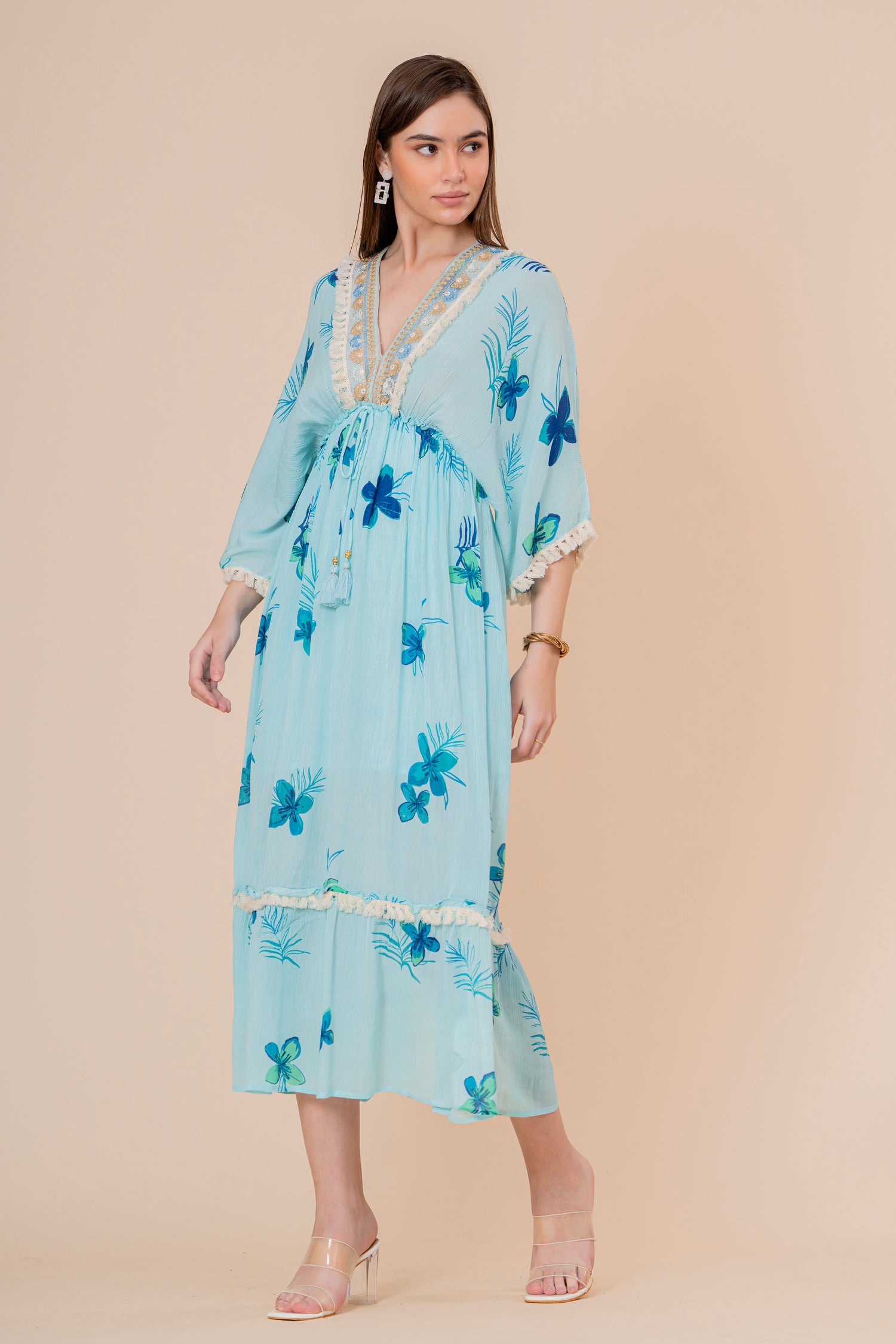 Vestido Maxi Corte Imperio Estampado Floral Azul