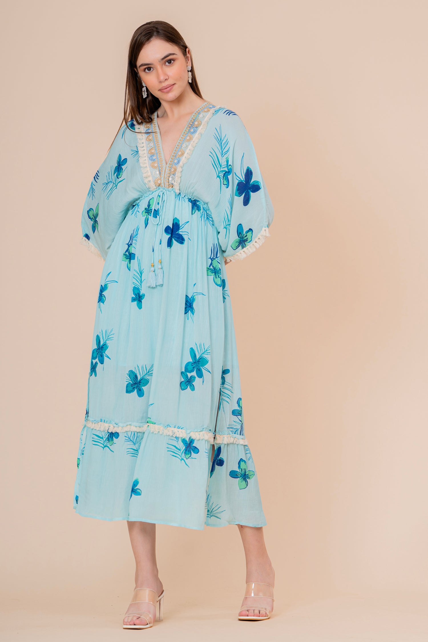 Vestido Maxi Corte Imperio Estampado Floral Azul