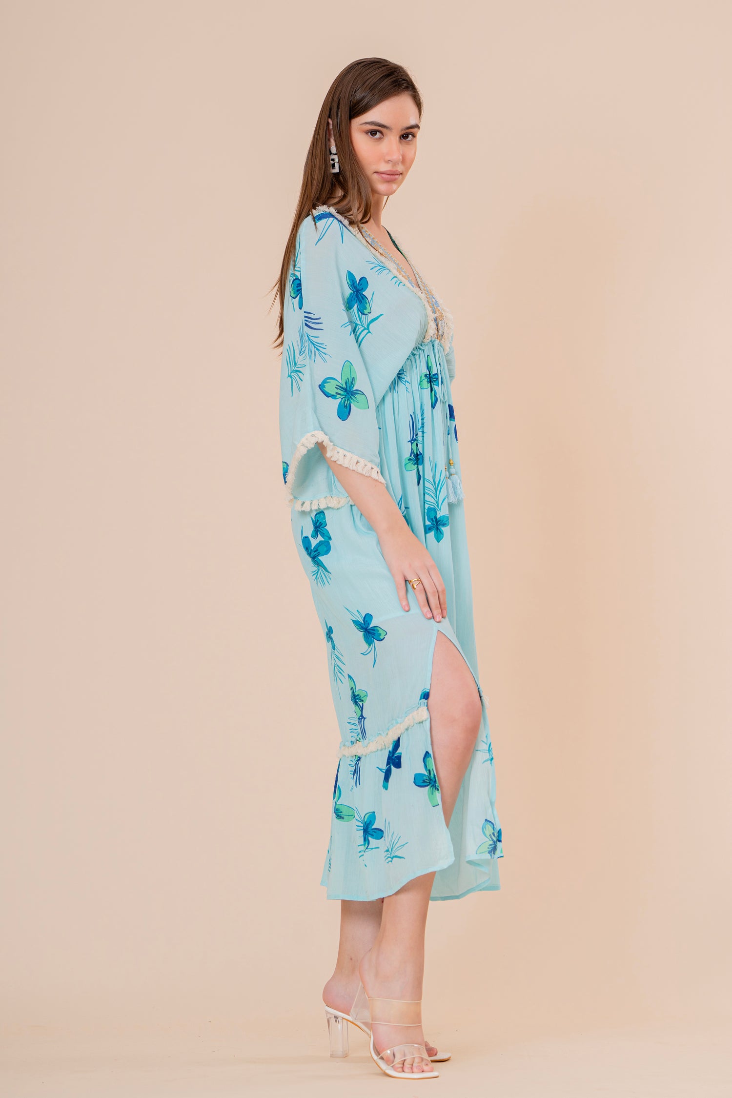 Vestido Maxi Corte Imperio Estampado Floral Azul