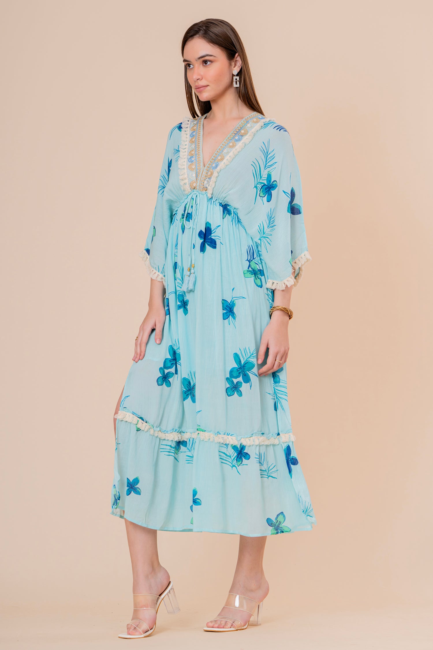 Vestido Maxi Corte Imperio Estampado Floral Azul