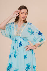 Vestido Maxi Corte Imperio Estampado Floral Azul