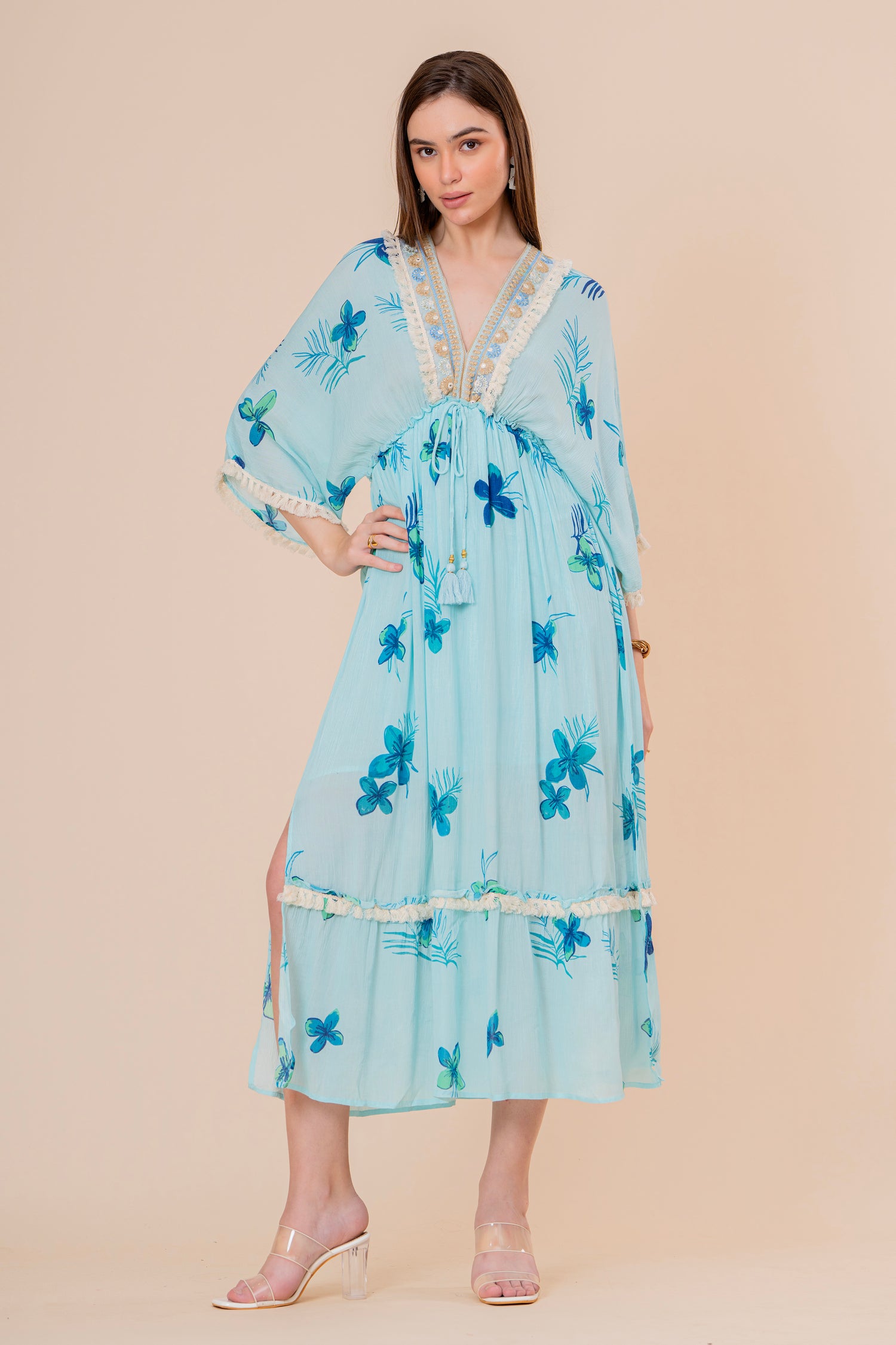 Vestido Maxi Corte Imperio Estampado Floral Azul