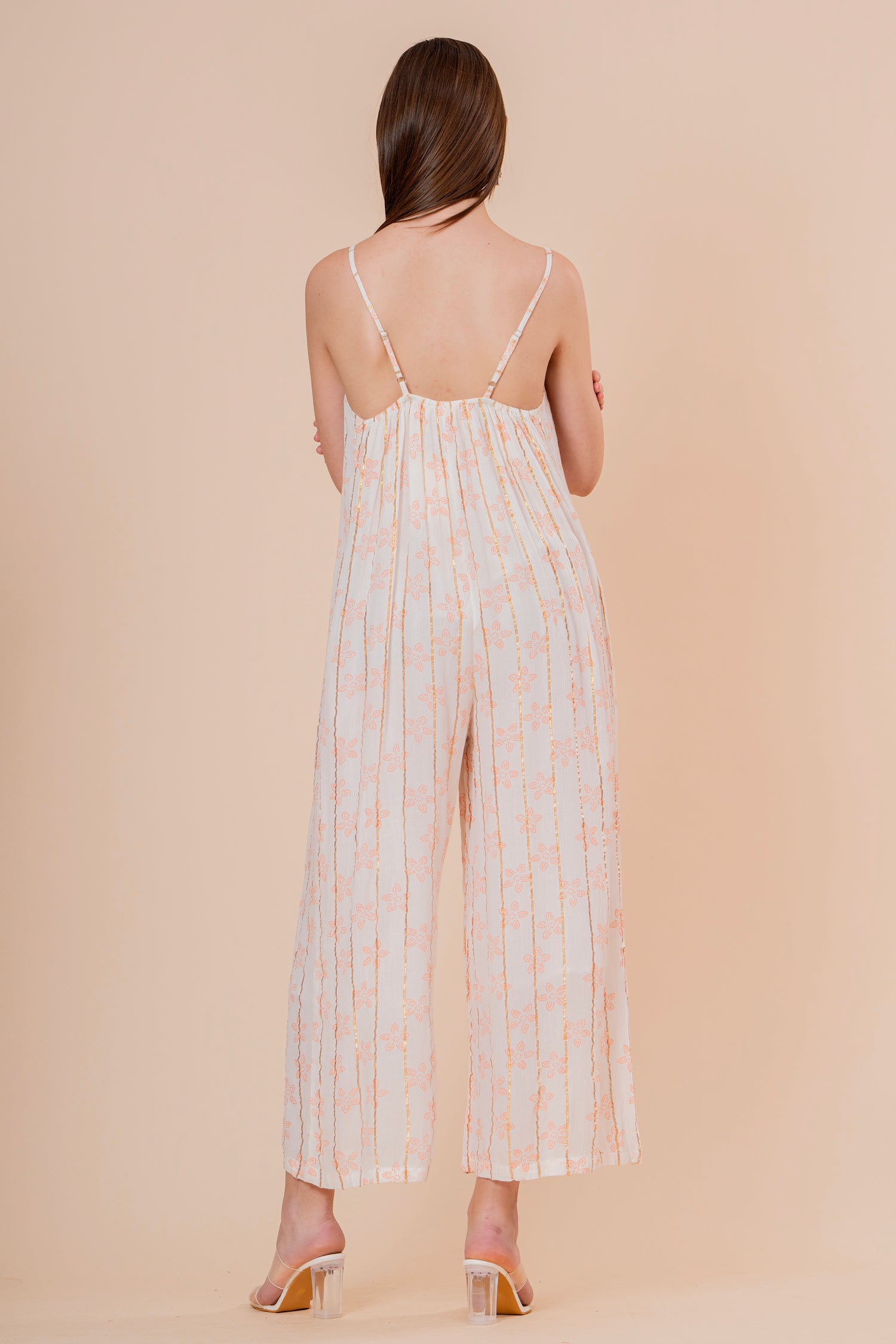 Mono Jumpsuit de Tirantes Blanco con Rayas Doradas